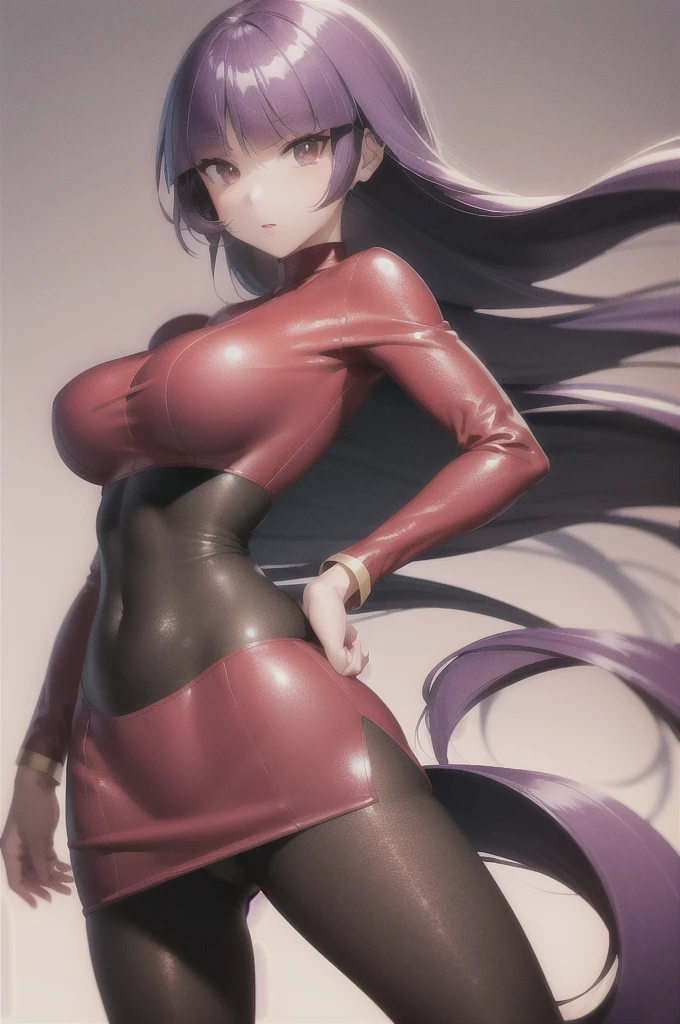 (masterpiece, best quality:1.2), 1girl, solo, sabrina, pokemon, long hair, purple hair, blunt bangs, red eyes, red sweater dress,(white gloves:1.2), black sash, (black leggings:1.1), (bodysuit:1.1), pantyhose, large breasts, knee boots, simple background back shot