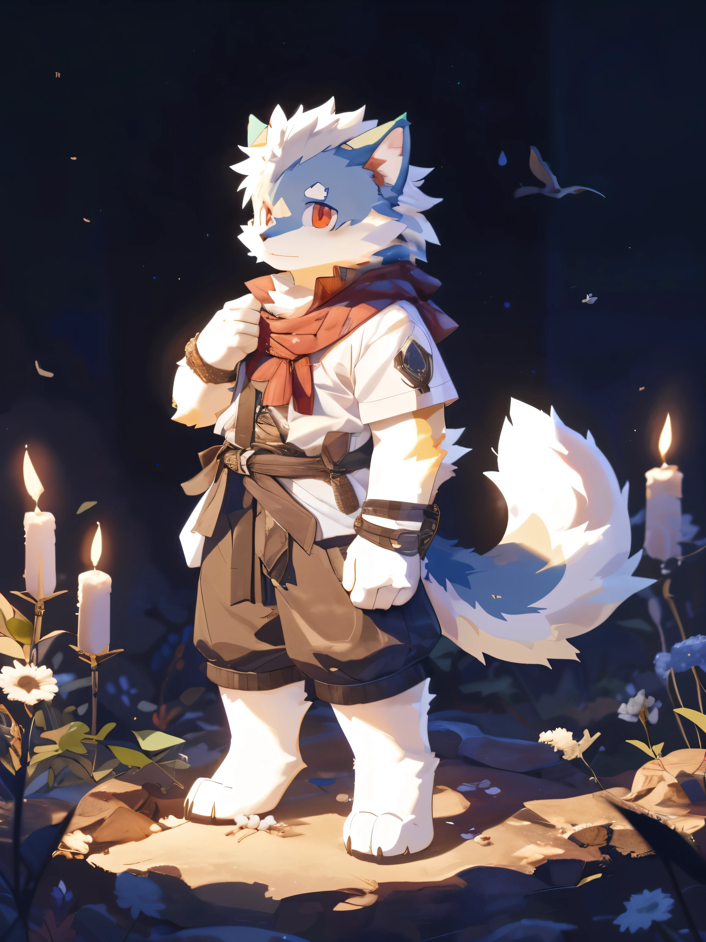 nj5furry，kemono，full-length portrait，anthro，hi res，male，juvenile，Samoyed，strong，Adventurer，Fluffy hair，White plush paw，A tail，Red eyes，Delicate eyes，Detailed eyes