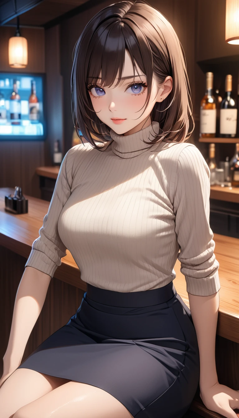 masterpiece, High resolution, perfect face, beauty of japan, 30 years old, beautiful face, night bar, turtle neck seater, skirt, embarrassed look, look at the camera, (top quality eyes), (detailed texture), look at me, Married woman, cool women, (high resolution eyes), sitting on the bar chair