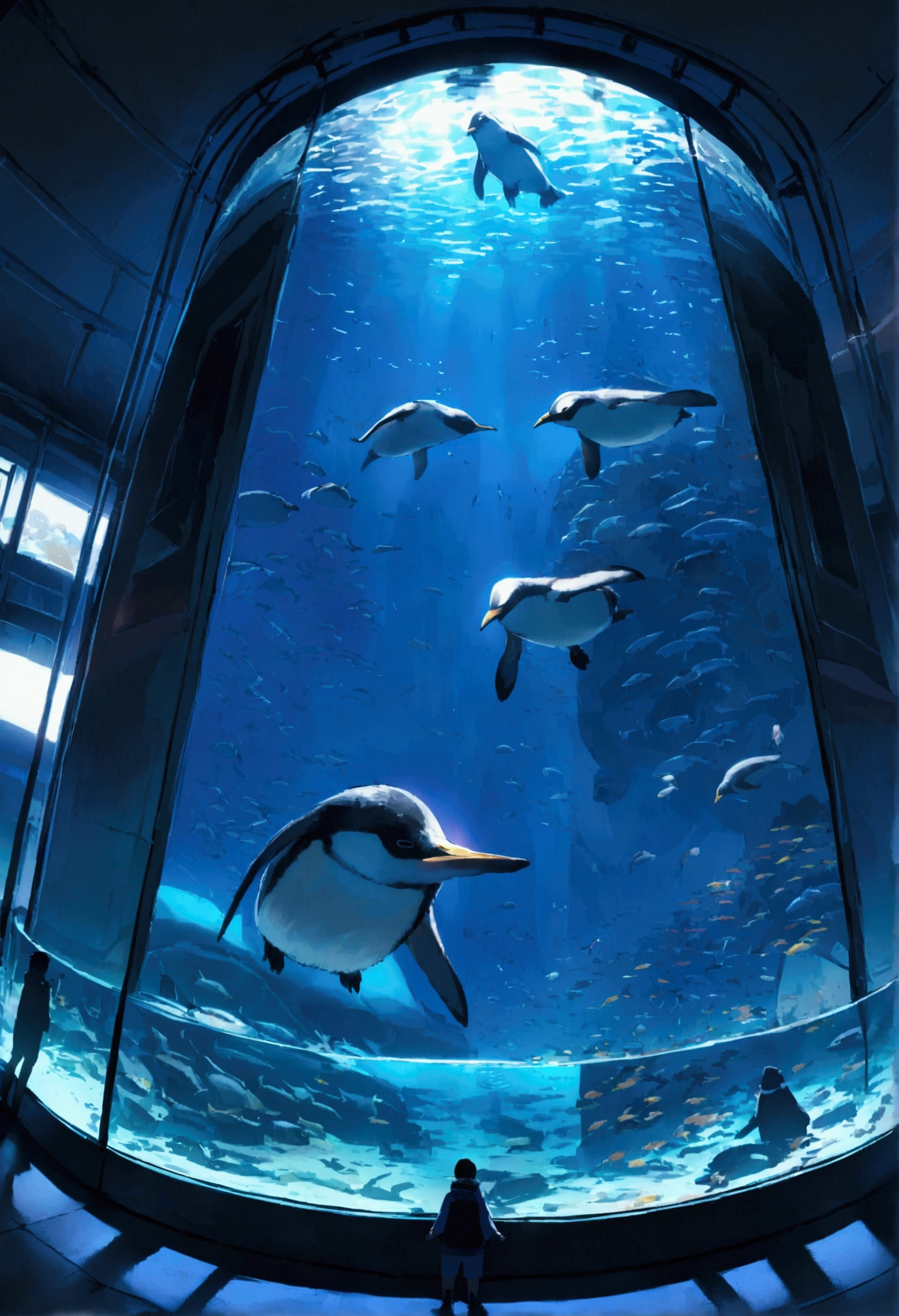 aquarium、Huge aquarium、Large single glass aquarium、Dimly lit interior、Quiet atmosphere、View angle from behind、Huge aquarium、Penguin tank、Very large aquarium、Penguins swim like they&#39;re flying