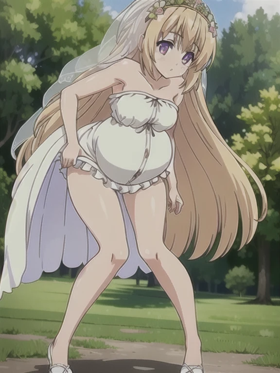 (((Best quality))), ((Ultra-detailed)), ((illustration)), ((Disheveled hair)), ((frilld)), (1 girl),(Solo),Leaf underwear, Cloak of leaves, simplebackground, themoon, The breath of life, green color, grassy fields, The Giant Tree of Life, A breath of green life, Gentle and powerful divinity, Wife-like feeling, Poor milk, 5 months pregnant, full body, rating:safe,wedding_dress,bride,veil,
blonde hair,purple eyes,
