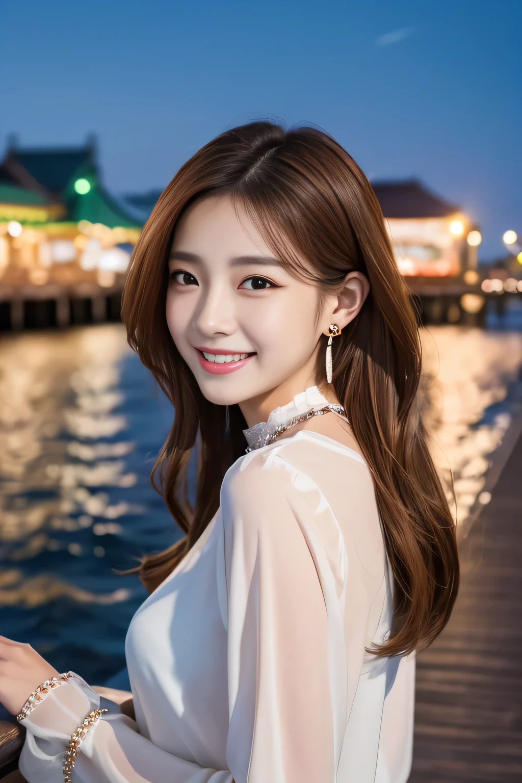 (detailed skin:1.2),(shiny skin:1.1),8k,best quality, masterpiece, ultra high res,(fair skin:1.2), Long sleeve blouse、Light brown hair、hairstyle semi long、Ear piercing、Necklace around the neck、smile、Beautiful teeth alignment、Pier at night