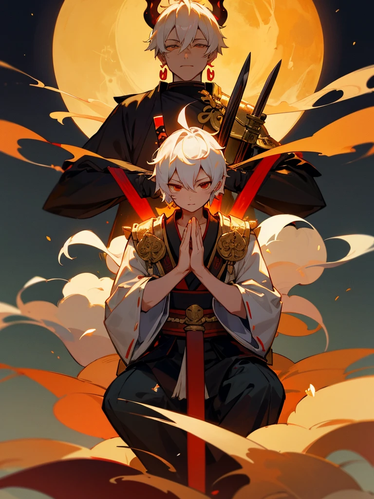 Buddha,Lucky Eyes, horn, white short hair, black armor, torii, man, full moon, hands together in prayer, Zen meditation golden lion Chi Japanese sword demon vengeful spirit evil spirit