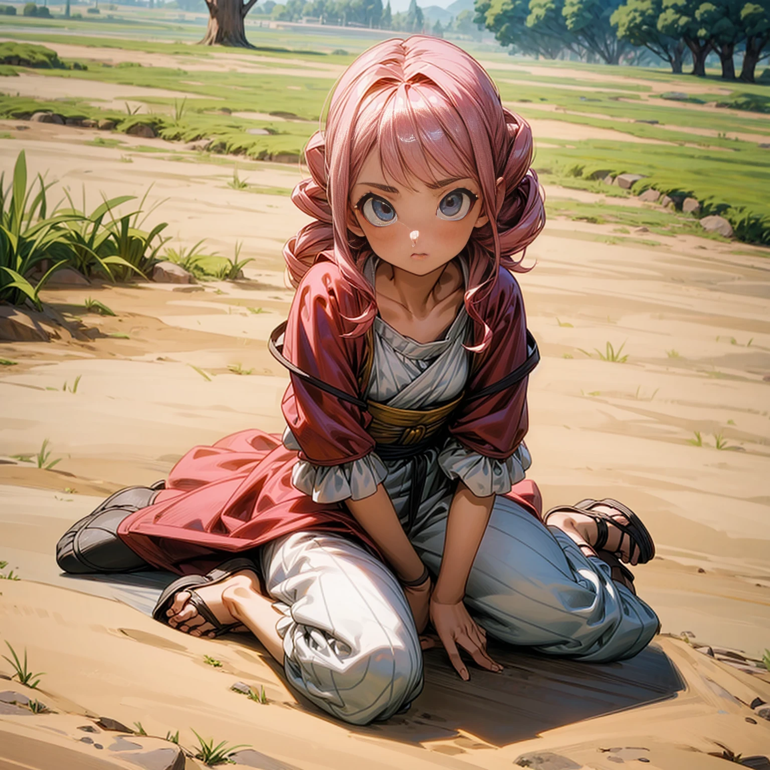 1childern girl, Full body version, 1character,  girl version, blue eyes, long Curly haircut, pink colour hair, Ancient Roman clothing, red colour clothing, sandals, Grassroots, background in field town, motion blur, Lie down gesture, (dragon ball style art)