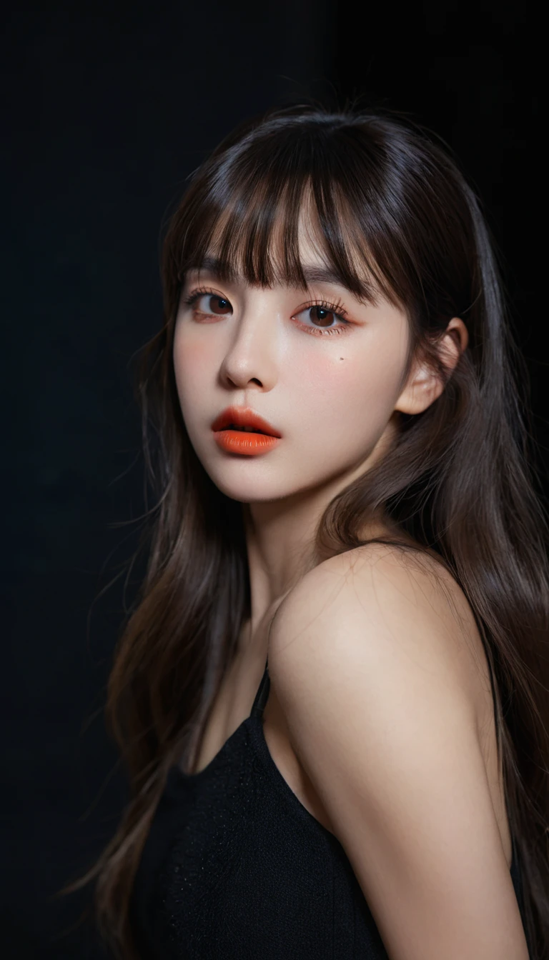 8K, best quality, 1 Girl, (Skin Indentation), night, (dark), Indoor clear background, (people), Beautiful bangs, Gorgeous,, (Clothing and:1.3),Soft lighting, attractive, dark Room, (mouth close:1.2, beautiful eyes, Delicate eyes, Detailed iris, Beautiful lips, Beautiful nose, Pretty Face),(primary color:1.5)