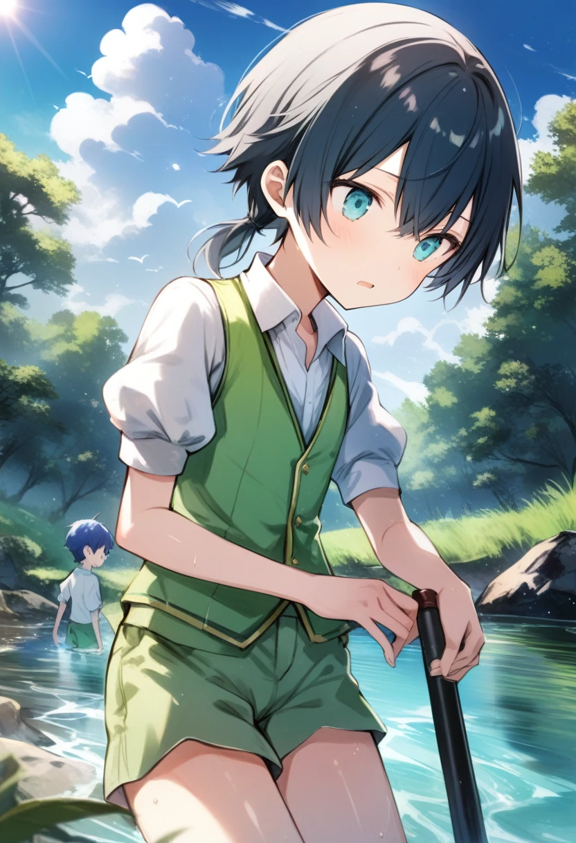 suno, 1 chico, lloyd, aquamarine eyes, blue fur, short hair, low ponytail, shiny hair, shiny skin, 
green vest, White shirt, puffy short sleeves, green shorts, 
trespass, looking at the water, 
day, outdoor, River bank, sun, cloud, central condensation, 
Masterpiece, Best Quality, very aesthetic, absurdities, 
