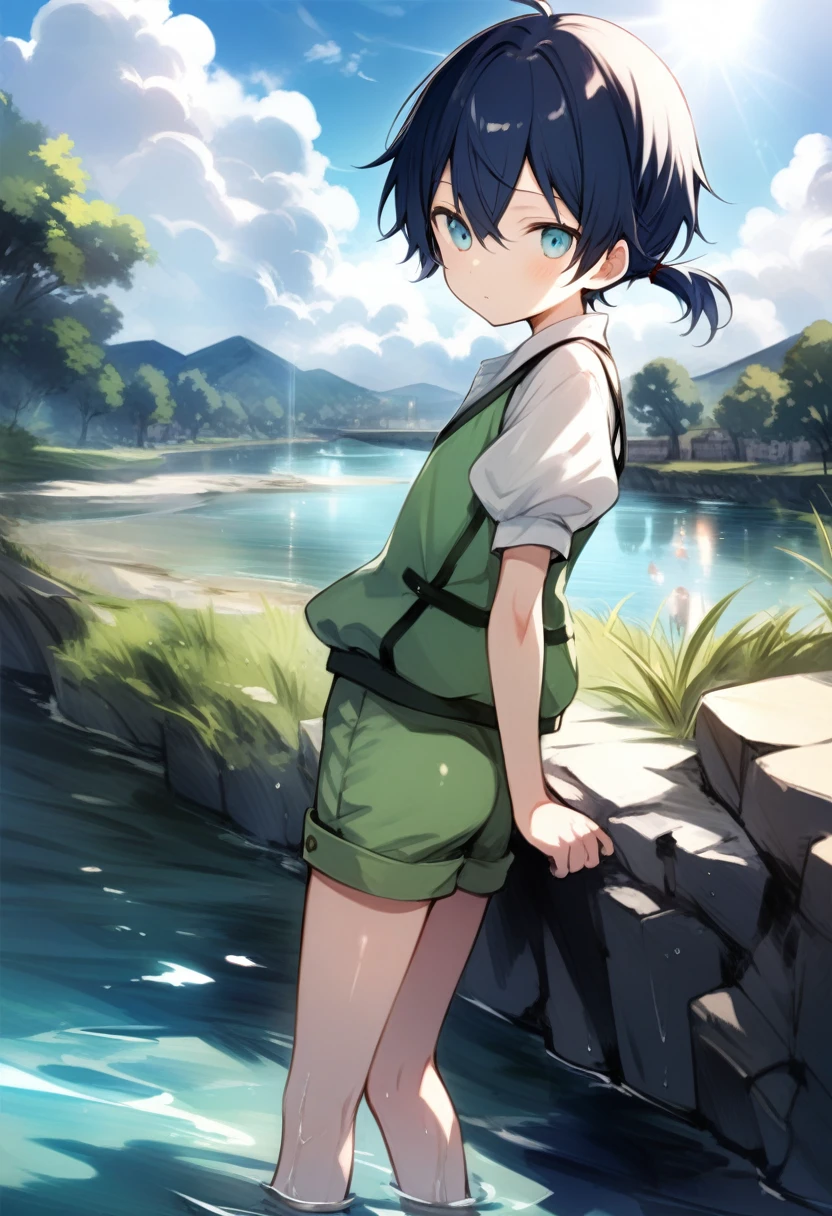 suno, 1 chico, lloyd, aquamarine eyes, blue fur, short hair, low ponytail, shiny hair, shiny skin, 
green vest, White shirt, puffy short sleeves, green shorts, 
trespass, looking at the water, 
day, outdoor, River bank, sun, cloud, central condensation, 
Masterpiece, Best Quality, very aesthetic, absurdities, 
