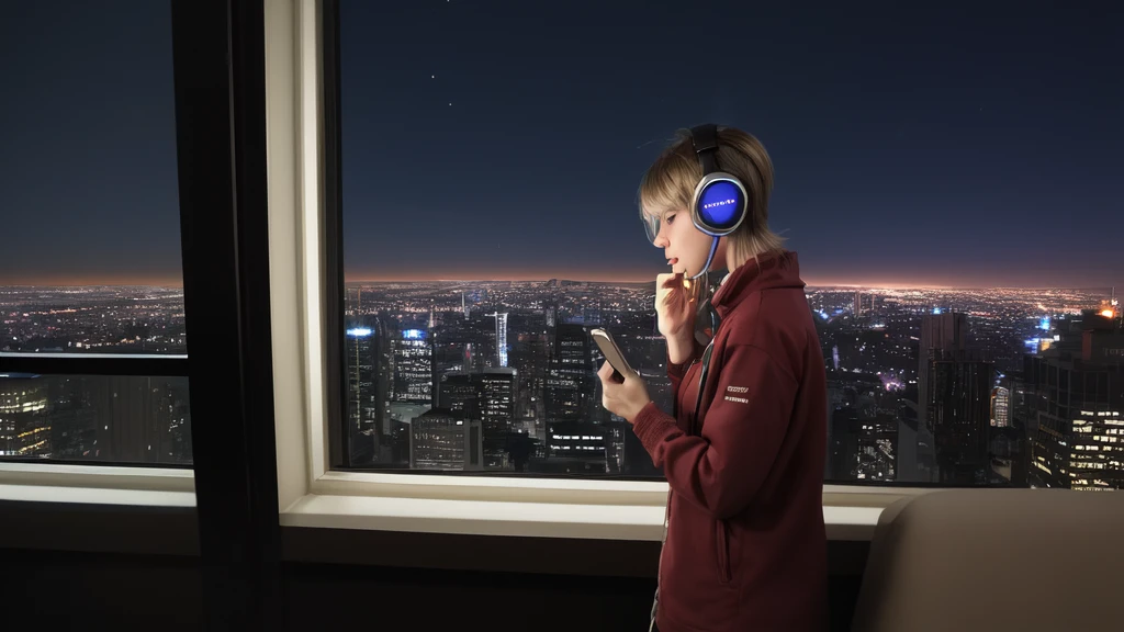 Please generate an anime illustration for ro-fai music. The illustration should depict a female character wearing headphones and using a mobile phone. The female character should be engrossed in looking at the mobile phone. Additionally, there should be a night view of a cityscape outside the window. The illustration should capture the mood and aesthetic of ro-fai music.