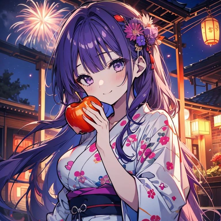 1 girl、Mature、Ample breasts、yukata、Long Hair、Purple Hair、Night view、firework、Look to the side、Goldfish、A seductive smile、fair、Holding apple candy、Bust-up perspective、High resolution、Highest quality
