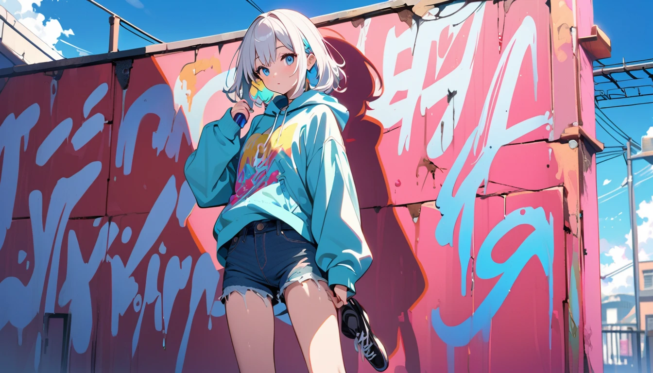 HD 8k Handsome sexy-cute, Solitary, 1 HD-8k Human focus, female, Medium Length Hair, white hair, Rainbow hair, blue Eyes, Rainbow headphone, hoodie, colored hoodie, denim shorts, sneakers, outdoor, blue sky, White clouds, graffiti Popularity spray art wall, holding a tape
