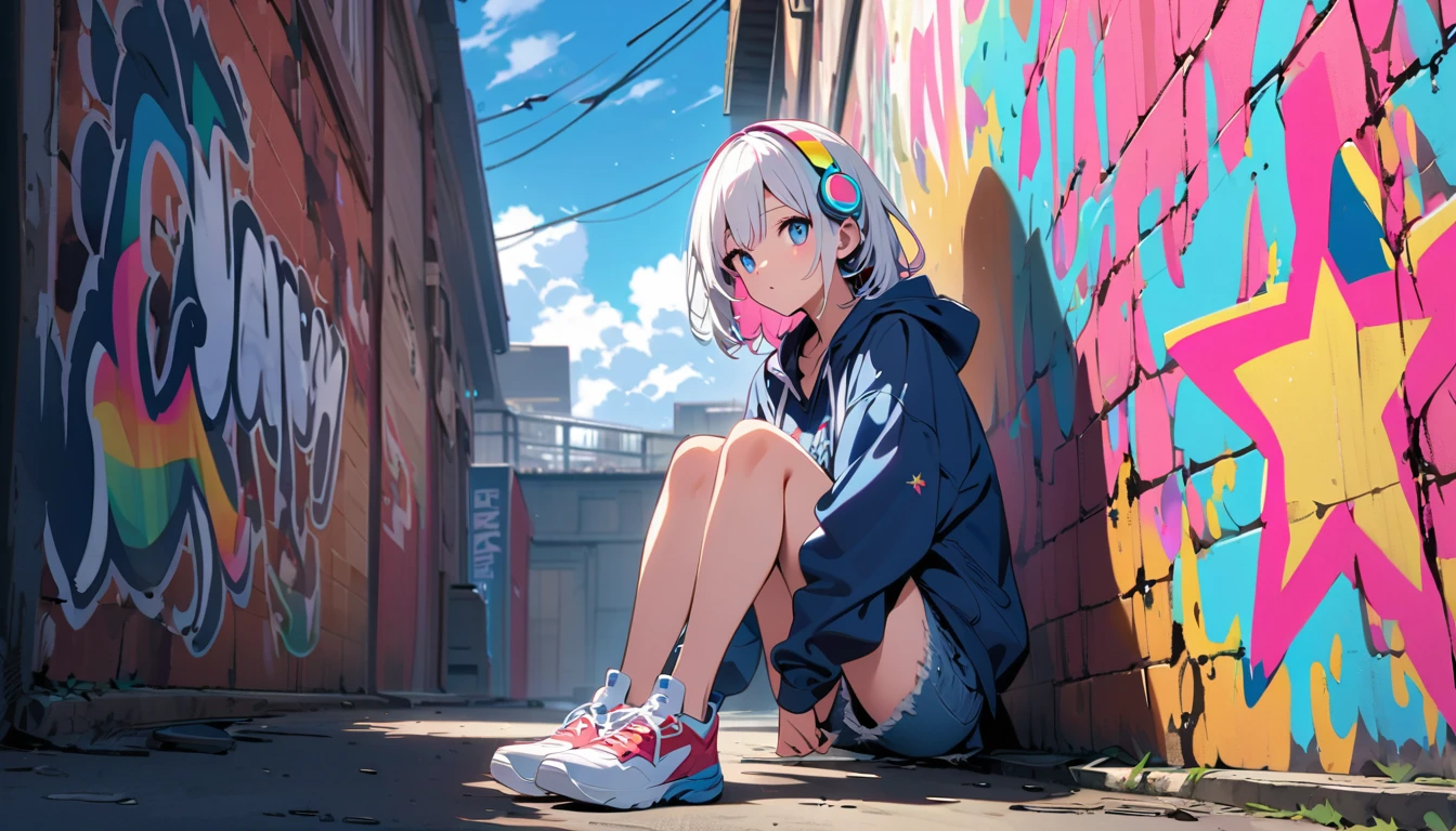 HD 8k Handsome sexy-cute, Solitary, 1 HD-8k Human focus, female, Medium Length Hair, white hair, Rainbow hair, blue Eyes, Rainbow headphone, hoodie, colored hoodie, denim shorts, sneakers, outdoor, blue sky, White clouds, graffiti Popularity spray art wall, holding a tape