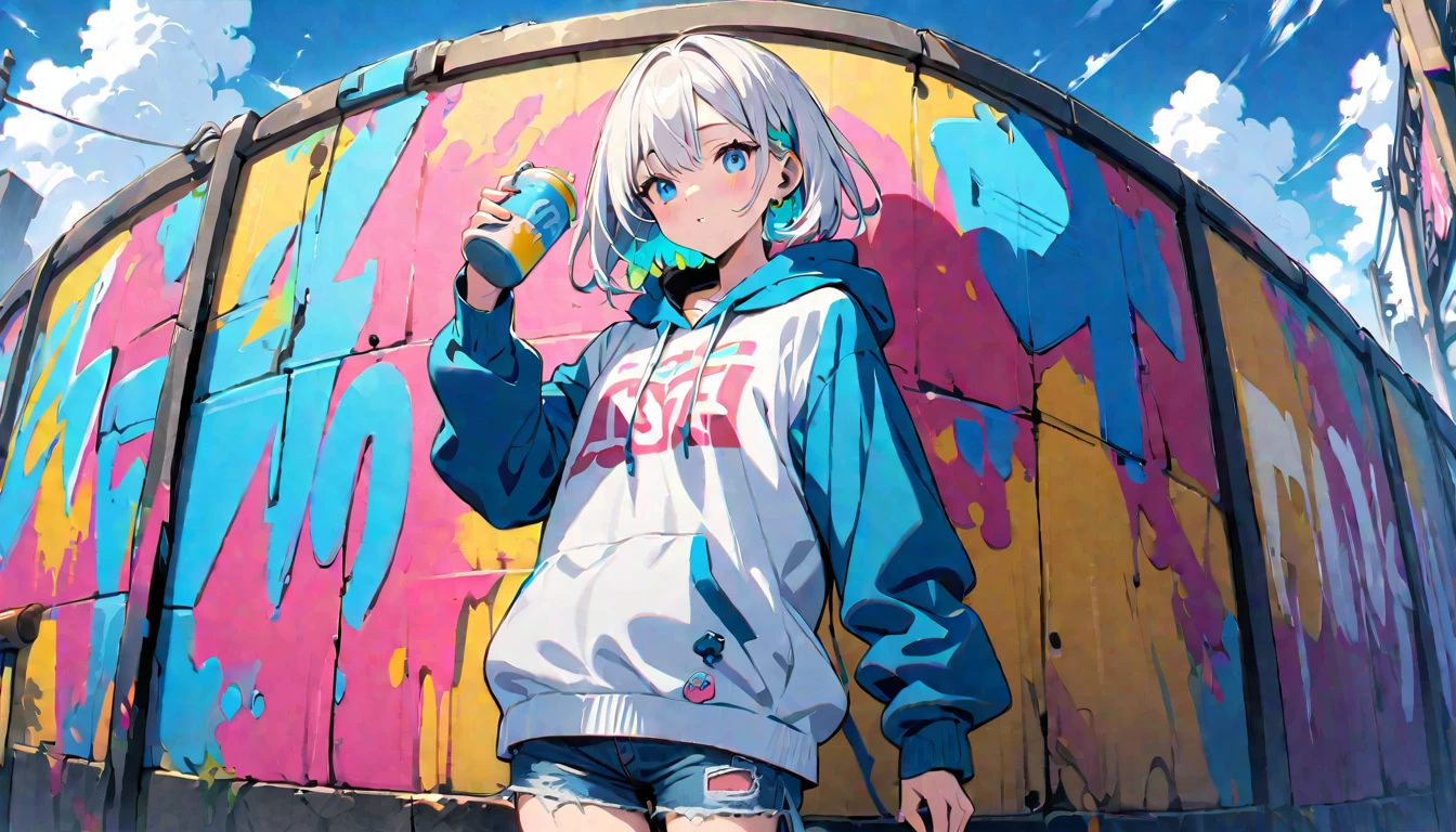 HD 8k Handsome sexy-cute, Solitary, 1 HD-8k Human focus, female, Medium Length Hair, white hair, Rainbow hair, blue Eyes, Rainbow headphone, hoodie, colored hoodie, denim shorts, sneakers, outdoor, blue sky, White clouds, graffiti Popularity spray art wall, holding a tape