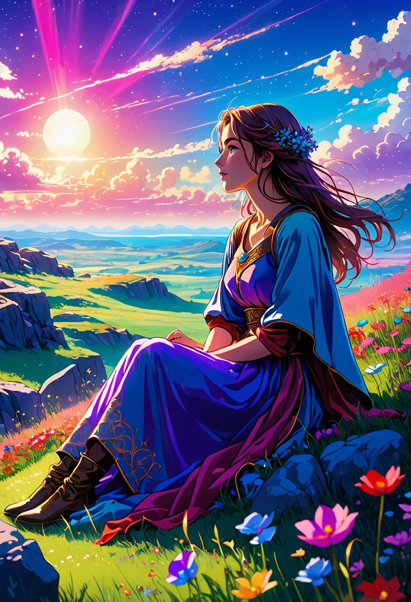 anime-style illustration, The image shows a young woman sitting on the grass watching overlooks the vast expanse of clear blue sky, flower colorful color blue red green purple yellow, fantasy world medieval, rocks, vibrant style, Vibrant colors include deep purples, electric blues, neon pinks, and shimmering golds. The lighting is ethereal, intense and rich COLORS VIVID, glowing everywhere, dramatic lighting, epic, majestic, awe-inspiring, mystical, ethereal, The sky above is clear blue sky, The atmosphere is full of magical color films, High Detail.