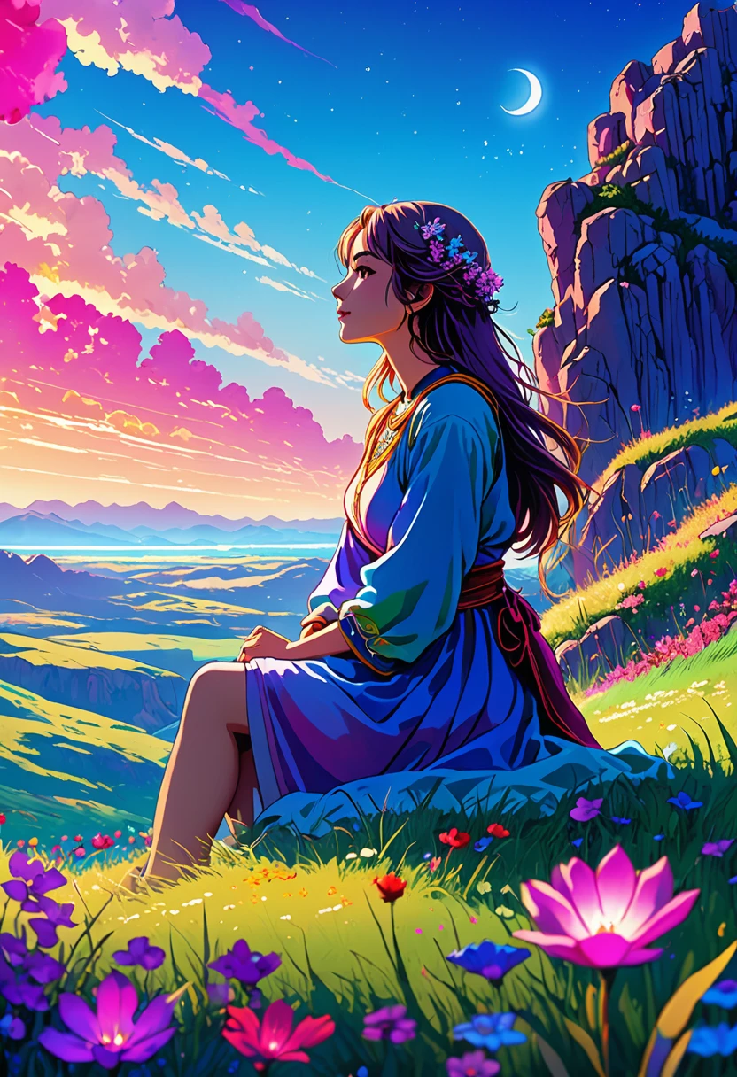 anime-style illustration, The image shows a young woman sitting on the grass watching overlooks the vast expanse of clear blue sky, flower colorful color blue red green purple yellow, fantasy world medieval, rocks, vibrant style, Vibrant colors include deep purples, electric blues, neon pinks, and shimmering golds. The lighting is ethereal, intense and rich COLORS VIVID, glowing everywhere, dramatic lighting, epic, majestic, awe-inspiring, mystical, ethereal, The sky above is clear blue sky, The atmosphere is full of magical color films, High Detail.