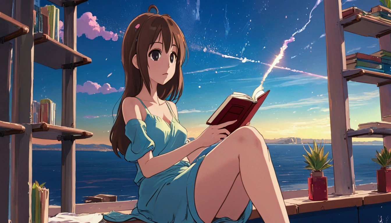 Feminized Maple Manyo, Anime Style, profile, Seaside Cafe, Drinking coffee and relaxing, Long Hair Girl, Big eyes, beautiful, City pop fashion, The sea spreads out before your eyes