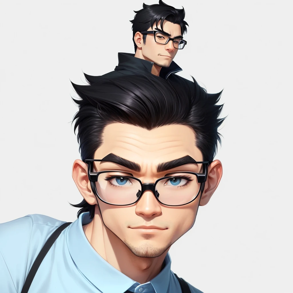Wearing glasses、Cartoon of a man in a black shirt, upper body 2d game avatar, In cartoon style, Cartoon Art Style, No Gradient, simple cartoon style, 2D Rendering, Upper body avatar, Round face, Caricature Style, My Profile, Cartoon style, High-quality portraits