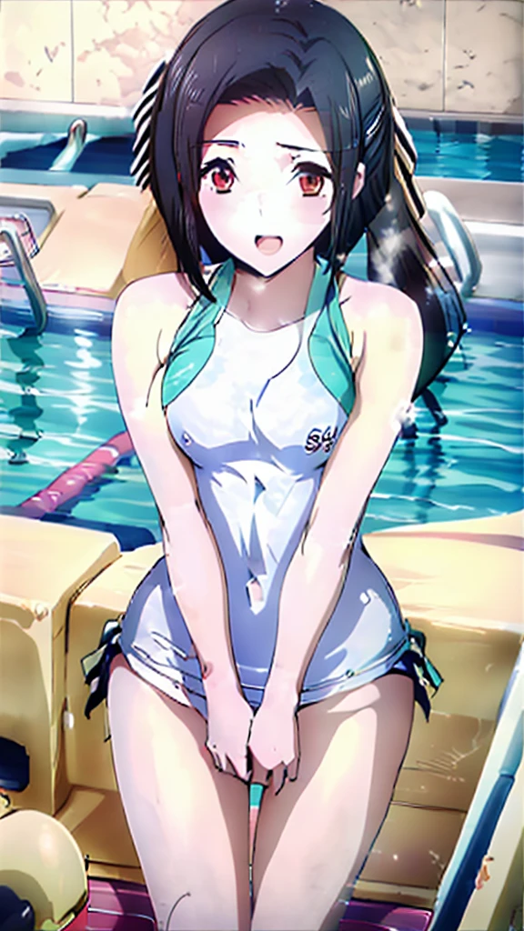 Highest quality、High resolution、Detailed Background、(Beautiful face in every detail:1.4)、Anatomically correct、(Detailed facial expressions)、(fine grain:1.2)、8--old uty、cuteカラーの髪色、Braided Ponytail、Braided bob cut、Braided twin tails、Navy School Swimsuit、(Flat Chest)、Perfect body line、Thick thighs、Please show me your whole body、 (Five beautiful girls in school swimsuits having fun in the school pool:1.5)、 Big smile、Laughing with your mouth open、My whole body is wet、My hair is wet too、Fun atmosphere、Embrace each other、cute仕草、cute