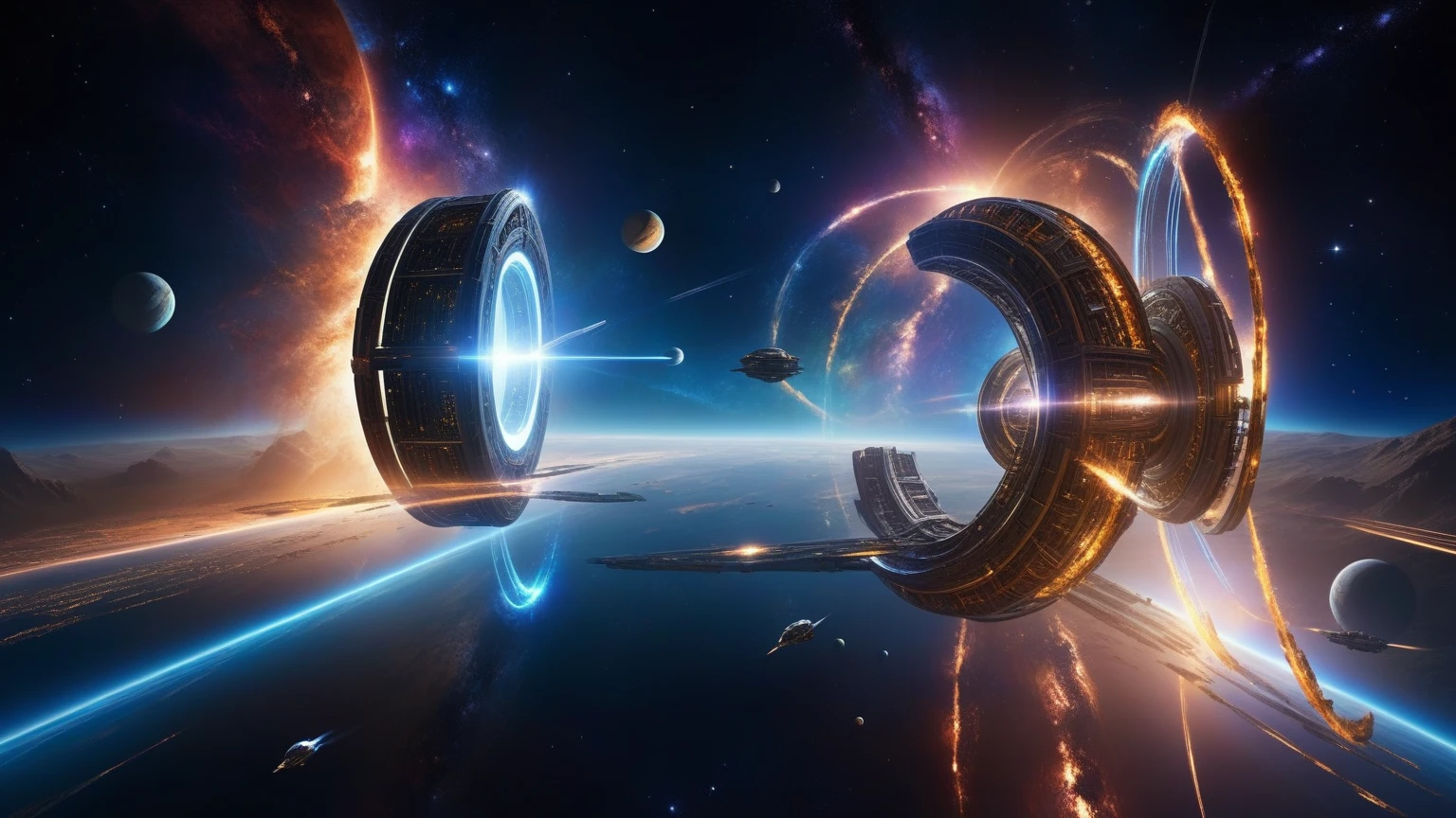 dark space of the universe, large artificial high-tech ring gate flies through space and time, flying sci-fi vehicle, cosmic light and the ancient energy of the Universe burst out from the depths of these gates and transport the viewer to other worlds, where it's light and cozy, sci-fi. (((1girl, solo, alone))), large-breast:1.2 slim body, cleavage:1.1, sexy elegant miniskirt, (((headphone, black sunglasses, standing and holding pistol pose))), (((half-body thigh level medium shot))), cinematic lighting, lens flare, ray tracing.