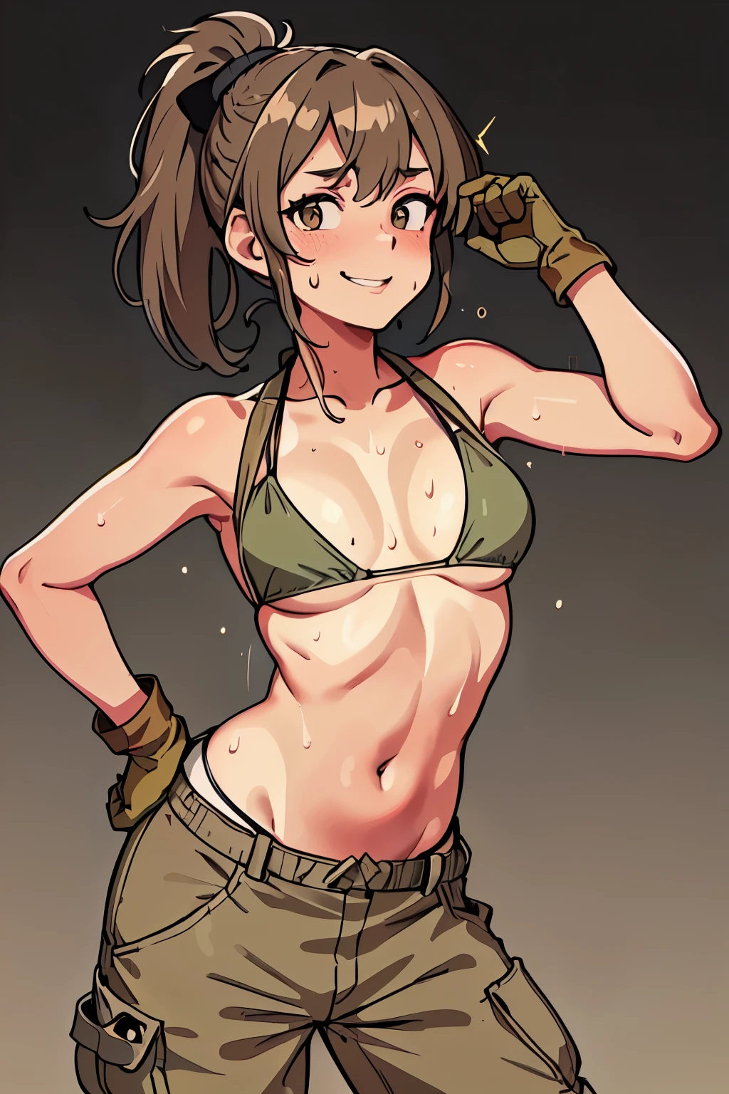 best quality, masterpiece, 1 mechanic girl, smiling, (wearing bikini-top, khaki cargo pants:1.4), gloves, (light brown ponytail hair with bangs:1.3), (sweating a lot:1.4), (contrapposto:1.3), (small breast, cleavage:1.2)
