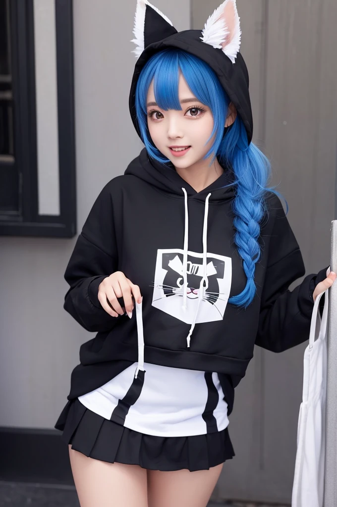 Clothing: A typical black and white maid outfit with a short skirt(Miniskirt)He is wearing a black hoodie、The hoodie has cat ears on it。
With the hood up in that outfit、Her hair is blue and her chest is open wide.、You can see a large valley
