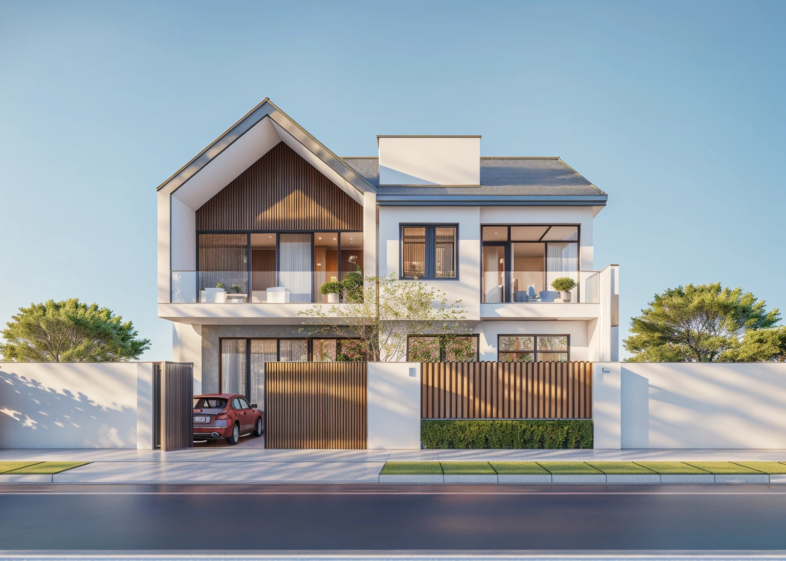 PLATEFORME KTHOUSE, Beaucoup de belles fleurs rouges le long de la route:1.3, Romantique, 1 maison de style néoclassique, La maison de ville est faite de murs blancs, Belle lumière, journée de beauté, ensoleillé, Beaucoup de bougainvilliers rouges le long de la route:1.3, belle sensation de jeunesse :1.2, soleil à midi, Très belles ombres, 