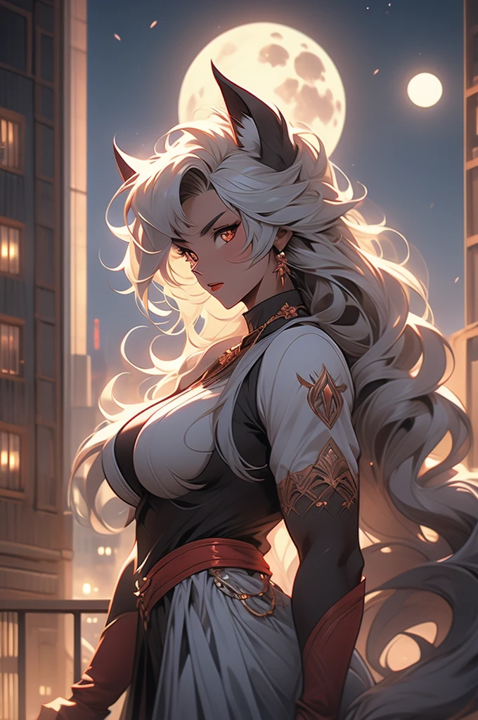 female werewolf, muscular, full moon, howl, rooftop, anthro, werewolf, breasts, curvy