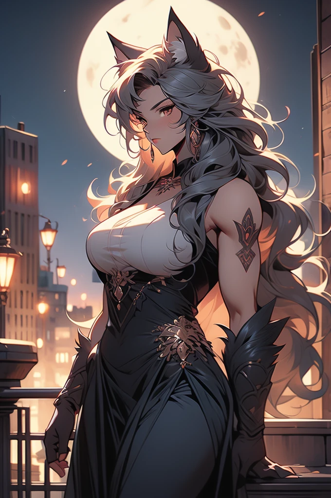 female werewolf, muscular, full moon, howl, rooftop, anthro, werewolf, breasts, curvy