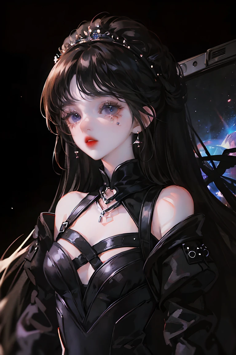 Girl, detailed, black dress and the edges of the dress are decorated with a space scene, fantasy, masterpiece, very detailed, high quality 