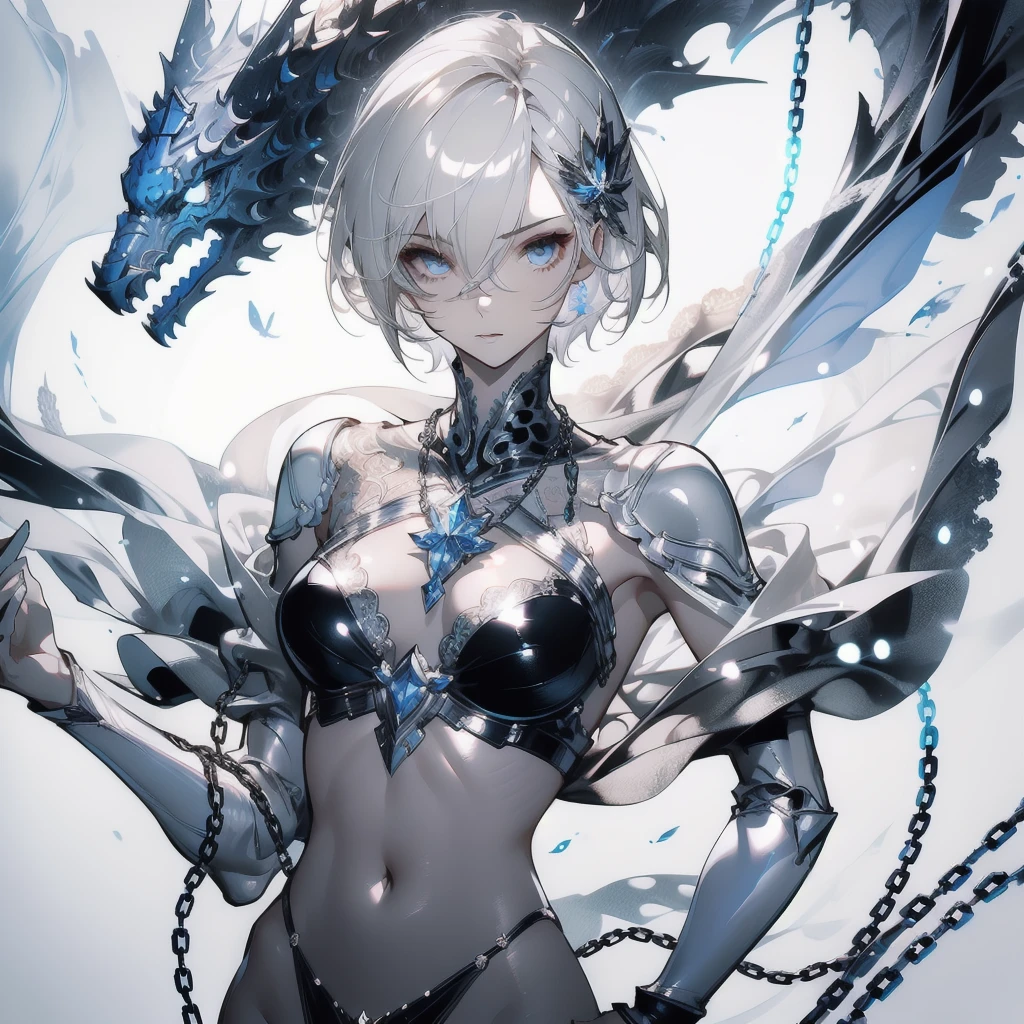 ((masterpiece, best quality)), Delicate face，knight，Standing picture，whole body，Perfect body proportions，Long legs，Handsome short hair，Beautiful silver eyes，Fantasy style，White background，Extremely beautiful，transparent，Pure white armor，Sexy bikini，chain，Tattoo，Lace，exposed