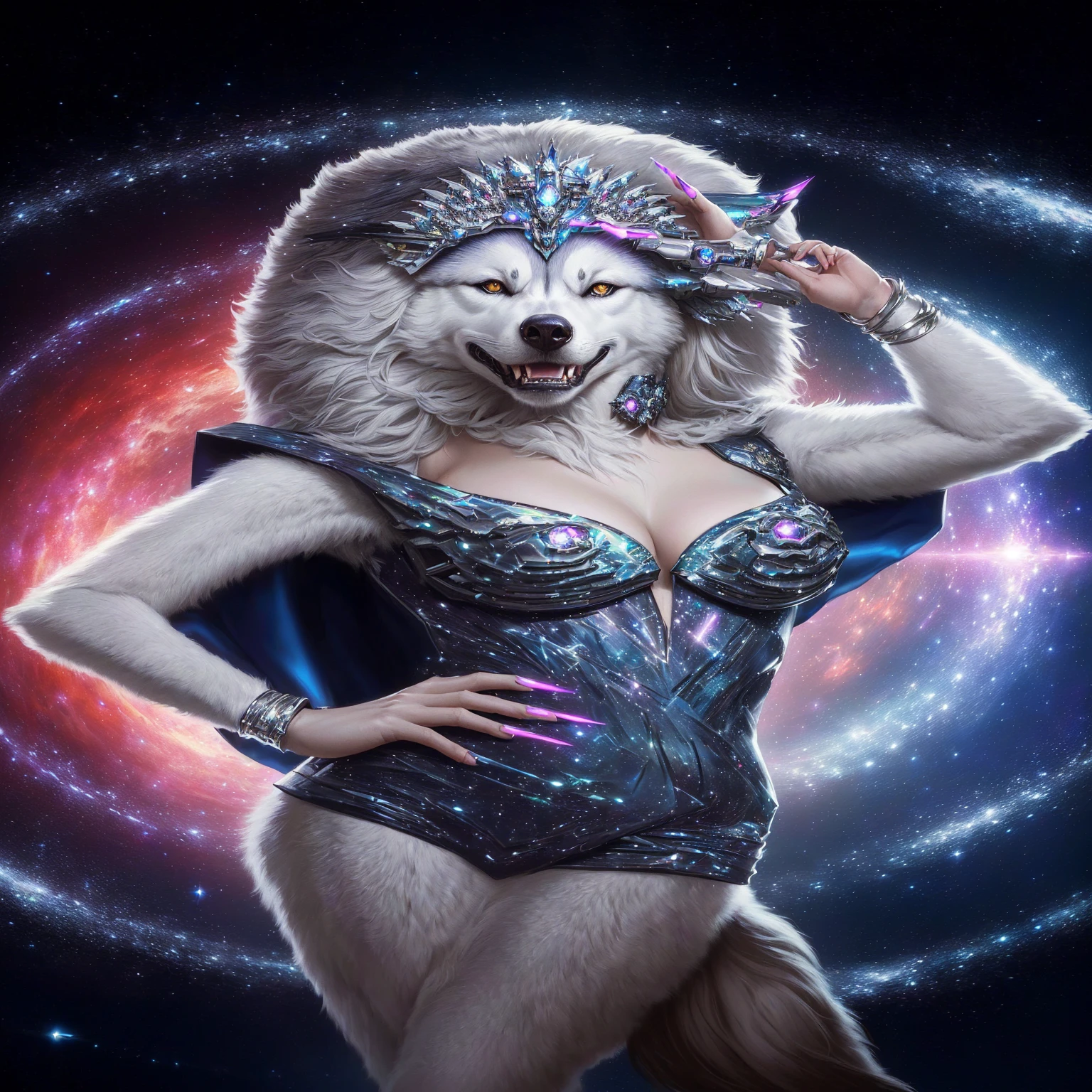 queen of the galaxy, female anthropomorphic wolf, husky in shiny armor, intergalactic princess, cyborg goddess in cosmos, 80s style, Tomasz Alen Kopera, por Derek Zabrocki, furry fantasy art, inspirado em Kelly Freas, inspired by David LaChapelle
