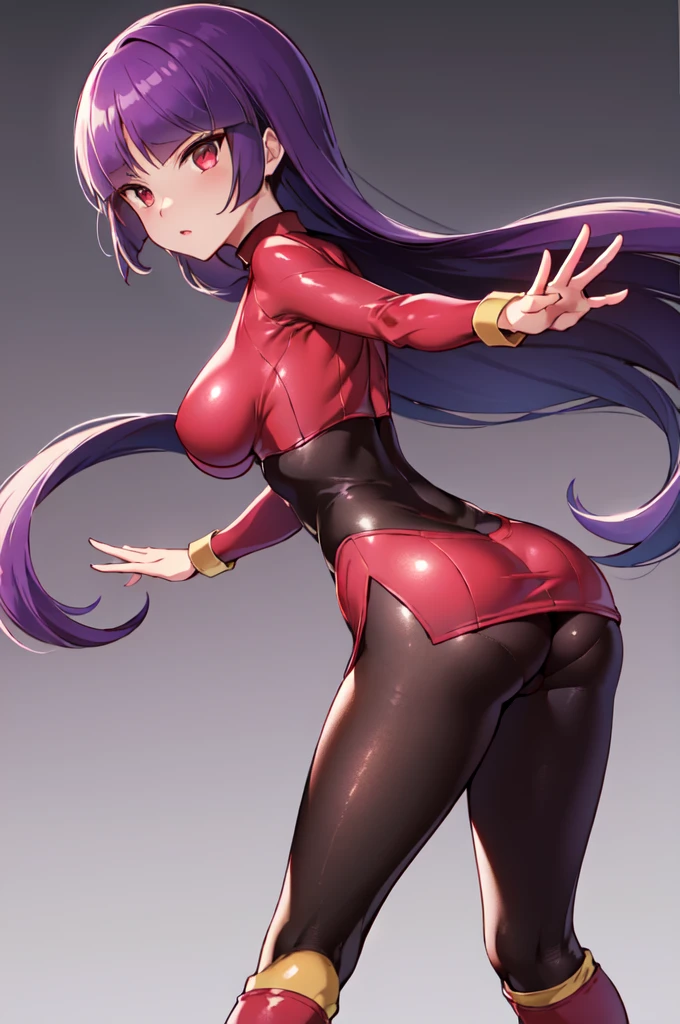 (masterpiece, best quality:1.2), 1girl, solo, sabrina, pokemon, long hair, purple hair, blunt bangs, red eyes, red sweater dress,(white gloves:1.2), black sash, (black leggings:1.1), (bodysuit:1.1), hose, large brease boots, simple background back shot, panties undehose
