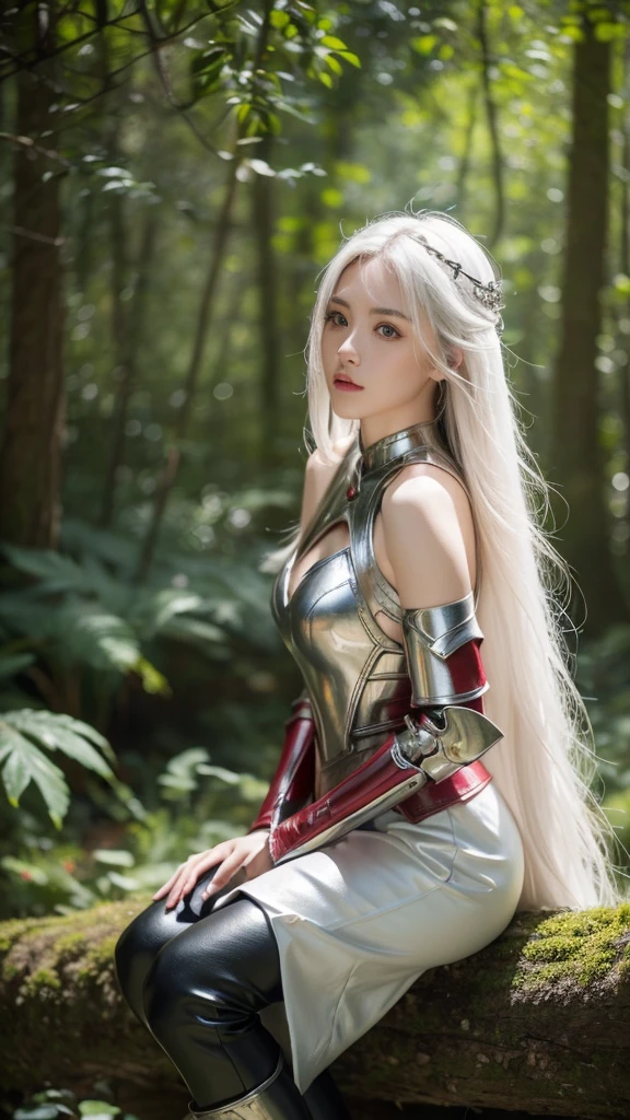  4k, Canon EOS R3, hdr, sharp focus, high resolution, award winning photo, 80mm, f2.8, bokeh. Beautiful woman girl. Long white hair, Kate's facial features, white skin, Fantasy World. Adventurer style with armor on the shoulders and arms (ruby). Ideal slim and delicate body in the shape of an hourglass figure. In the forest. Armor on the shoulders and a magical cool sword on the hilt. High summer fantasy boots with rubies and stocking. Clothes are visible from head to toe. Tight-fitting leather leggings.
