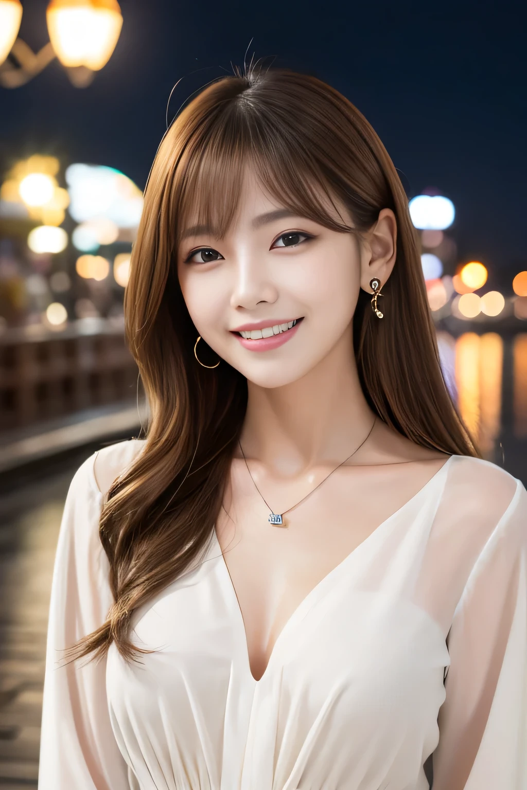 (detailed skin:1.2),(shiny skin:1.1),8k,best quality, masterpiece, ultra high res,(fair skin:1.2), Long sleeve blouse、Light brown hair、髪の長さ肩まで、Ear piercing、Necklace around the neck、smile、Beautiful teeth alignment、Pier at night