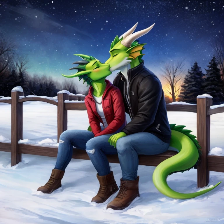 Masterpiece, best quality, One girl anthro green dragon, One anthro boy green dragon, has wings, Black claws and horns, perfect anatomy, One dragon tail, wears jacket with farmer jeans, closed eyes, kissing with each other, Alone in the park, blushed faces, in the park, sitting on a fence, Winter, snow on the ground, Night, stars on the sky