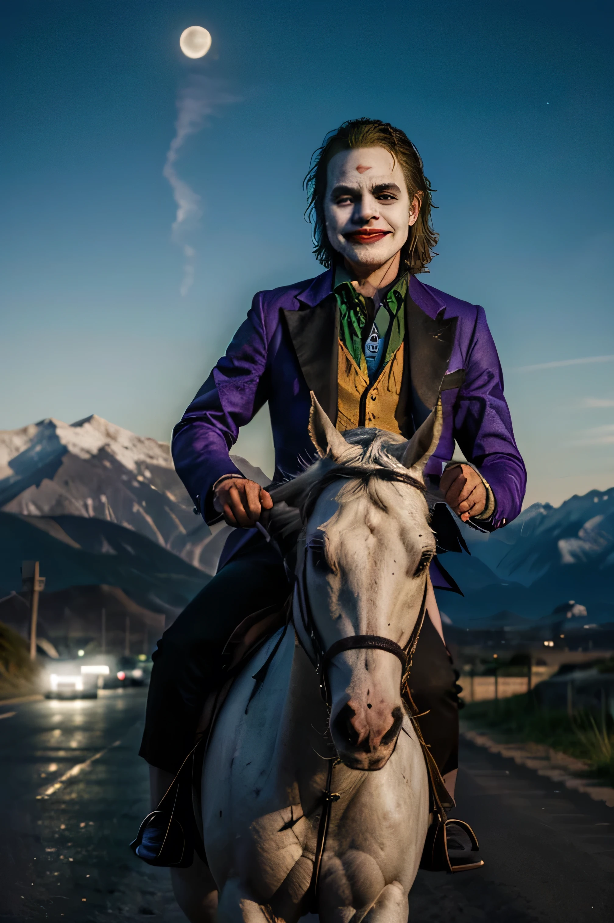 The Joker riding a white horse on the long straight road at night the moon shines on the mountain The Joker with a big smile artistic image high quality 4k