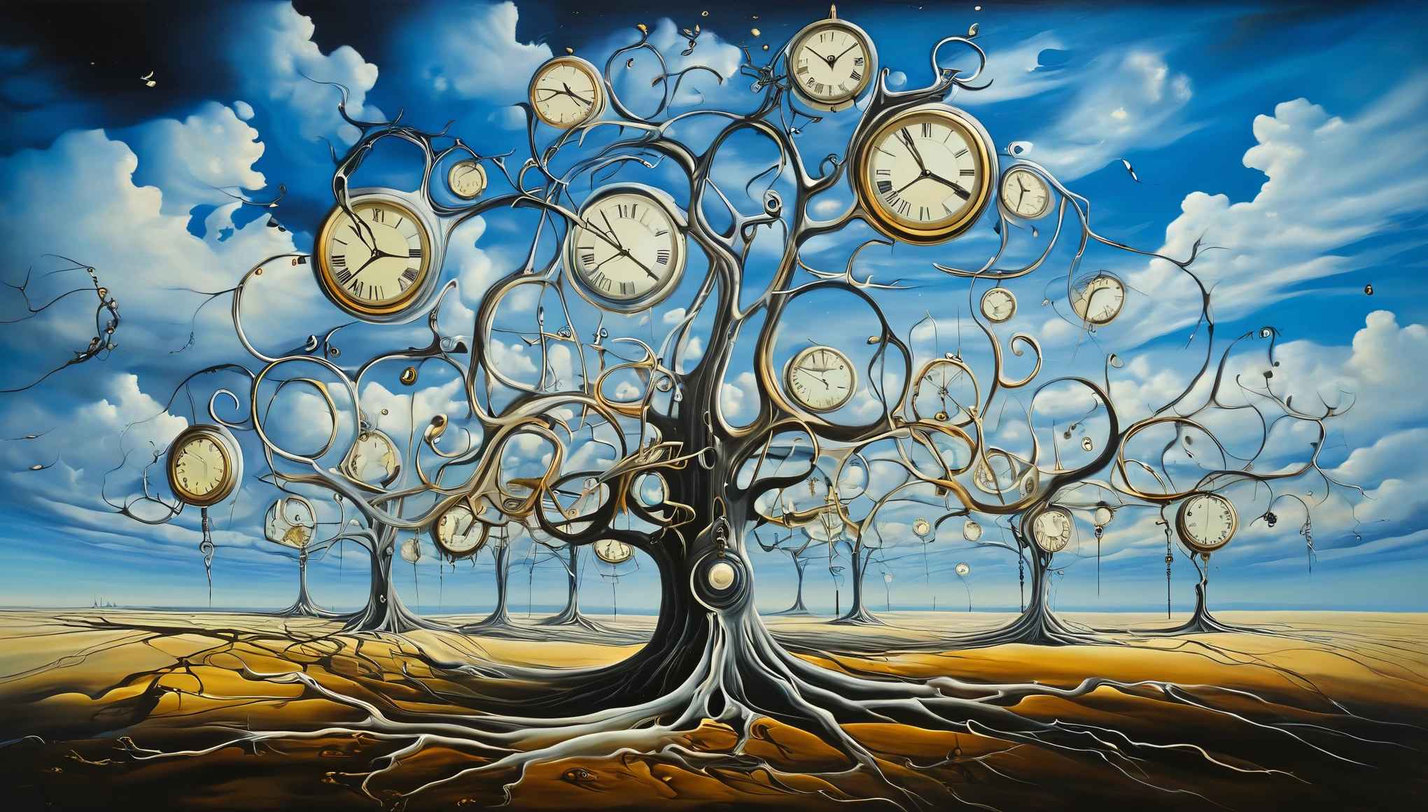 Surrealism, Salvador Dali style landscape painting,Melted clocks hang from leafless trees,Floating in the vast, Endless sky. The clock represents the cyclical nature of time, Their twisted shapes symbolize the fluidity of perception..,Where has the time gone?
