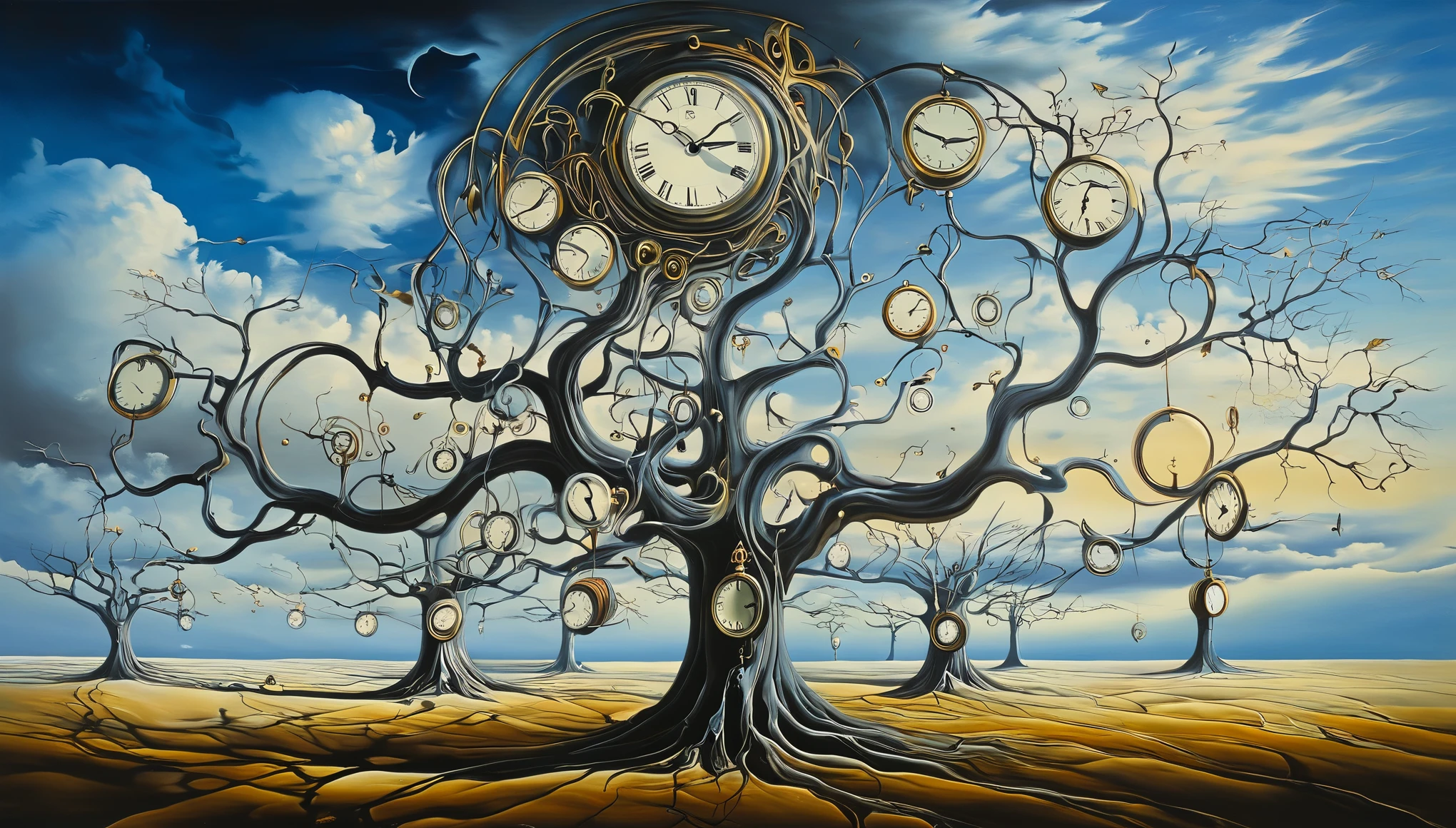Surrealism, Salvador Dali style landscape painting,Melted clocks hang from leafless trees,Floating in the vast, Endless sky. The clock represents the cyclical nature of time, The passage of time on earth,Their twisted shapes symbolize the fluidity of perception..,Where has the time gone?