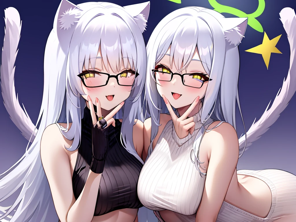 A 20-year-old female angel with long hair, white hair, yellow eyes, cat ears, cat tail, , and white angel wings. A glowing yellow halo ring overhead. Wear round glasses (White halter turtleneck sweater, white purekiller sweater, sleeveless, sexy baess sweater, white dress) white arm warmers Open mouth, stick out tongue, bedroom, 2 people