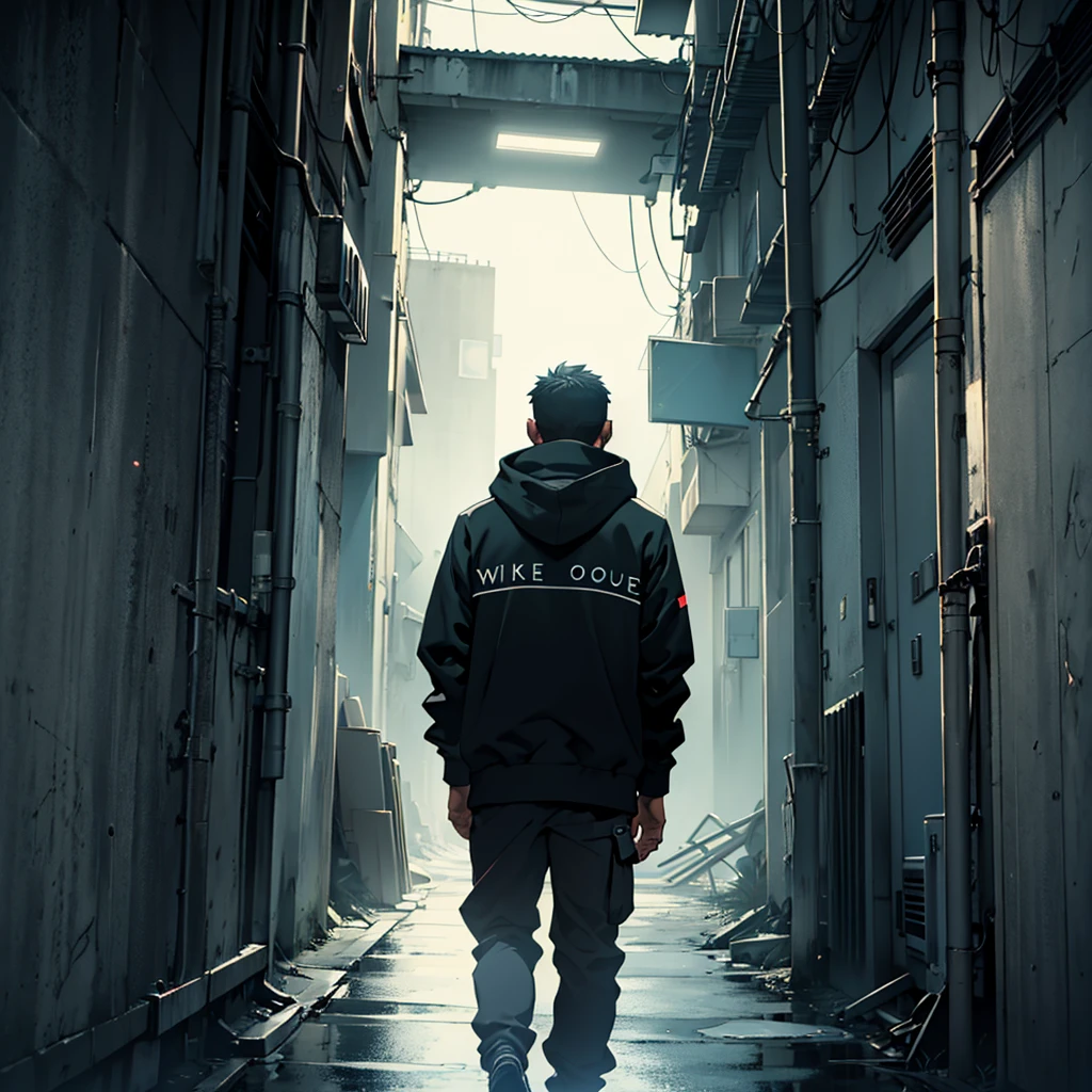 A deep dark picture in which a man in walking towards tha dark facing its back, wearing a dark hoodie, written on walls"see you again"