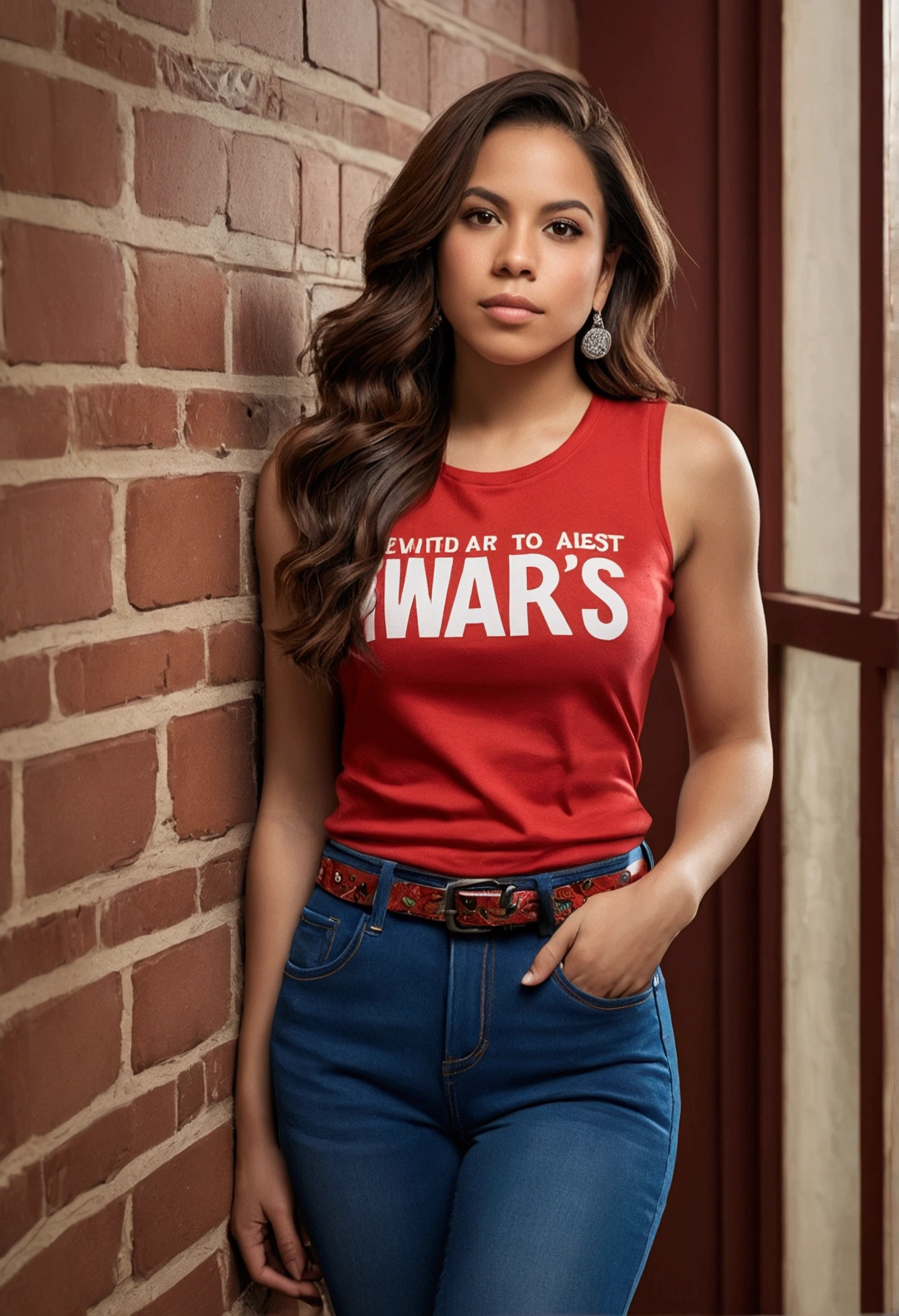 A striking, high-resolution digital portrait of Mary Rodriguez, a 28-year-old woman rounded ass with captivating features and long, clean brown hair. Exuding confidence and determination, she leans casually against a wall adorned with a window. Mary's outfit consists of a sleeveless red top with a bust XL, dark blue jeans, and red Vans sneakers, with a stylish belt to complete the polished look. The artwork, expertly crafted by Studiomente Creativamente, harmoniously blends fashion and illustration to create a mesmerizing and unforgettable representation of Mary. The soft lighting enhances her features, while the background shadows provide depth and dimension, evoking a cinematic atmosphere. With its vibrant colors and 3D rendering, this portrait captures the essence of wildlife photography in an urban setting., portrait photography, photo, typography, 3d render, cinematic, wildlife photography, vibrant