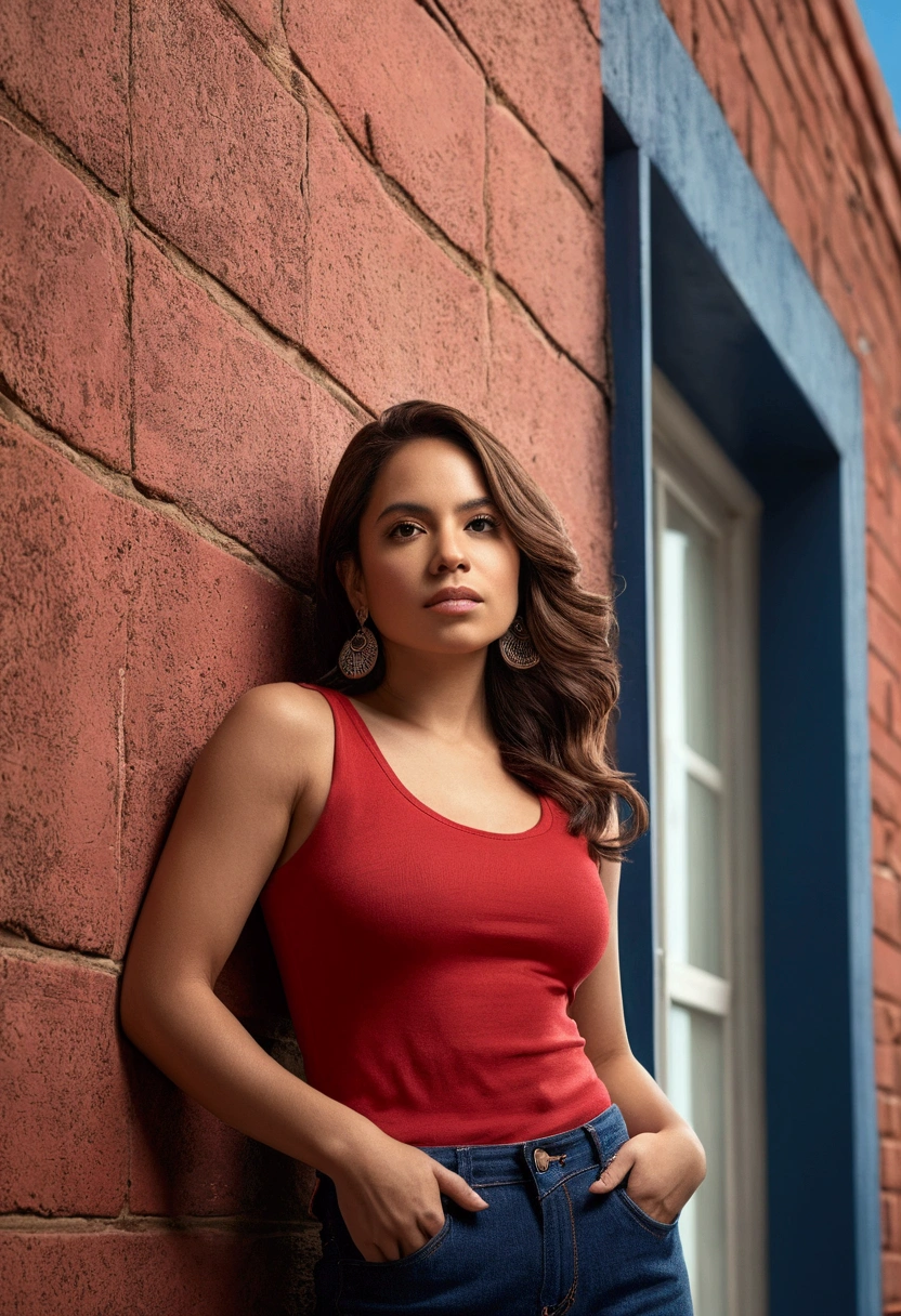 A striking, high-resolution digital portrait of Mary Rodriguez, a 28-year-old woman rounded ass with captivating features and long, clean brown hair. Exuding confidence and determination, she leans casually against a wall adorned with a window. Mary's outfit consists of a sleeveless red top with a bust XL, dark blue jeans, and red Vans sneakers, with a stylish belt to complete the polished look. The artwork, expertly crafted by Studiomente Creativamente, harmoniously blends fashion and illustration to create a mesmerizing and unforgettable representation of Mary. The soft lighting enhances her features, while the background shadows provide depth and dimension, evoking a cinematic atmosphere. With its vibrant colors and 3D rendering, this portrait captures the essence of wildlife photography in an urban setting., portrait photography, photo, typography, 3d render, cinematic, wildlife photography, vibrant