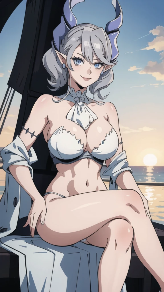 Beautiful arts wallpaper Sunset Outside castle top  High level image quality　best image quality　8K　 adult woman   on pirate ship with black seals    more colors   whole body view　portrait　 wearing pure white bikini  　horn    ears  　short hair（（shortcut）（gray hair）（perm）（fluffy））　eye color is blue ,  　attractive evil face , smile   ,  sitting on tresure chest    ,  labrynth      , crossed legs,  