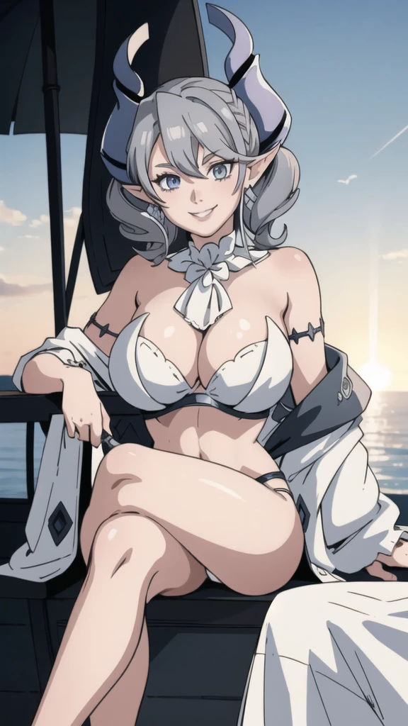 Beautiful arts wallpaper Sunset Outside castle top High level image quality best image quality 8K adult woman on pirate ship with black seals more colors whole body view portrait wearing pure white bikini horn ears short hair((shortcut)(gray hair)(perm)(fluffy)) eye color is blue , attractive evil face , smile , sitting on tresure chest , labrynth , crossed legs,