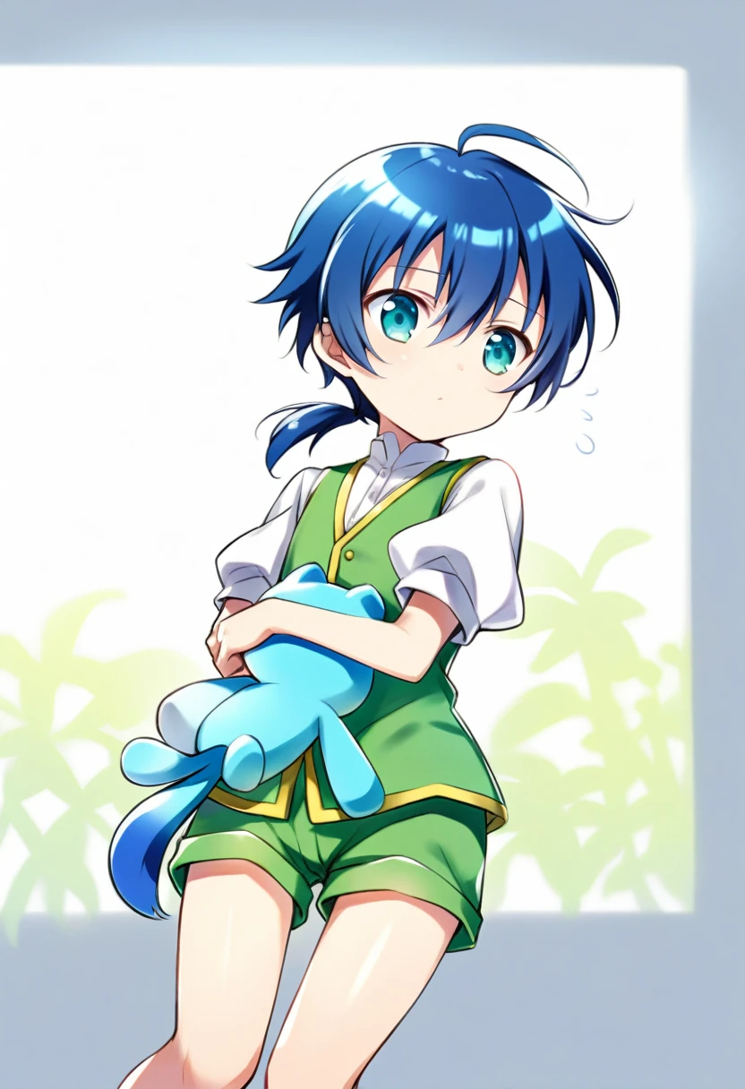 Alone, 1 chico, lloyd, aquamarine eyes, blue fur, short hair, low ponytail, shiny hair, shiny skin, 
green vest, White shirt, puffy short sleeves, green shorts, Swimsuit, Swimsuit 
