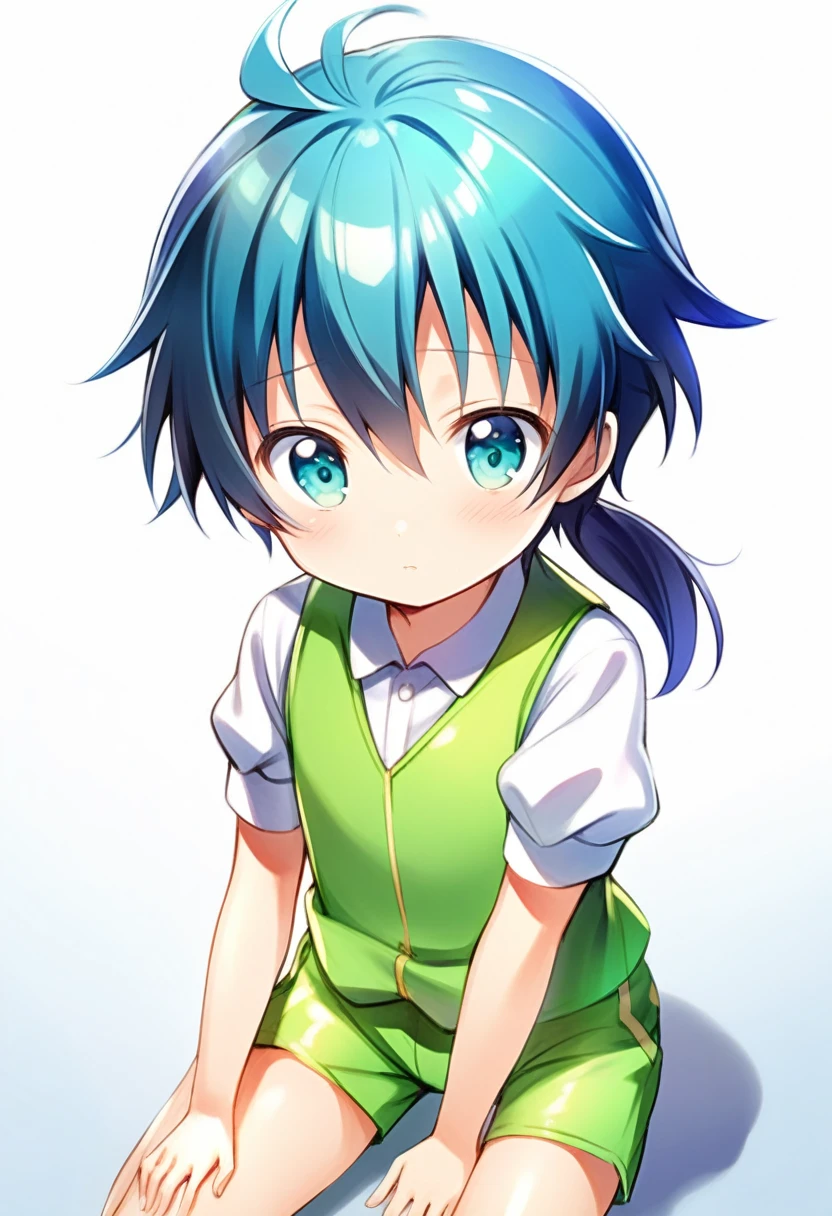 Alone, 1 chico, lloyd, aquamarine eyes, blue fur, short hair, low ponytail, shiny hair, shiny skin, 
green vest, White shirt, puffy short sleeves, green shorts, Swimsuit, Swimsuit 
