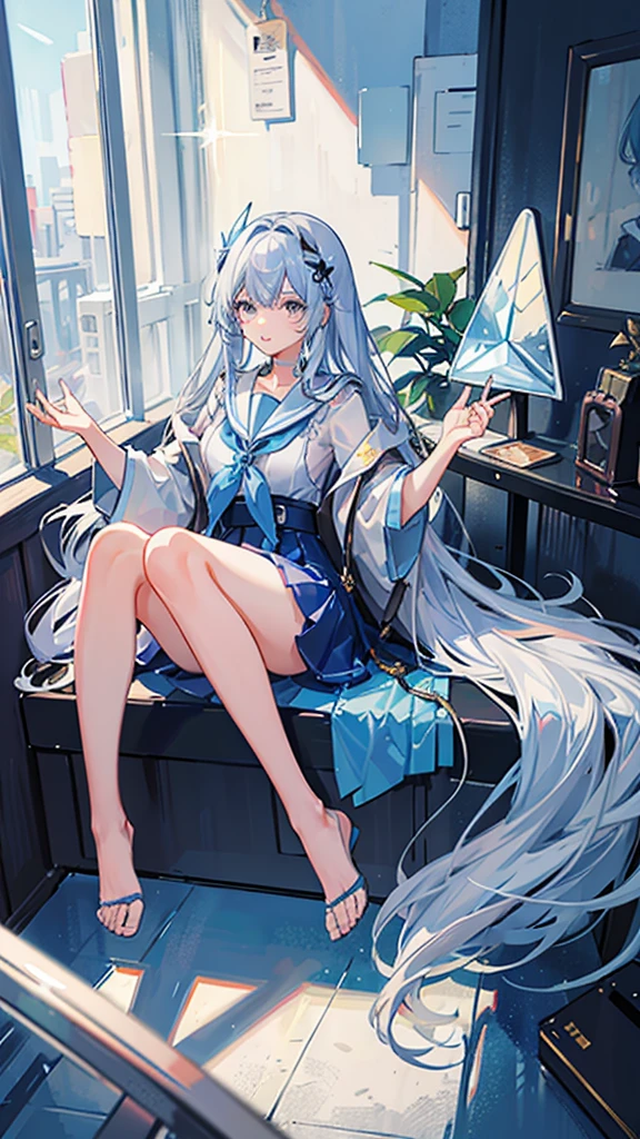 Museum、The background is an art exhibition hall、There are many sculptures and paintings、The girl is looking at a painting、Crystal clear light blue hair、Her hair is gradated and white from the hairline to the middle.、Hair length is up to the knees、A shiny, light blue sailor suit、The hair ornament is glittering gold.、Silver hair ornament、She has big breasts、Adult face、