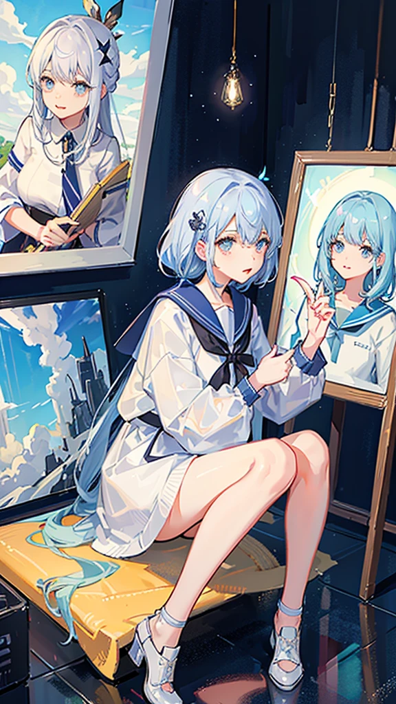 Museum、The background is an art exhibition hall、There are many sculptures and paintings、The girl is looking at a painting、Crystal clear light blue hair、Her hair is gradated and white from the hairline to the middle.、Hair length is up to the knees、A shiny, light blue sailor suit、The hair ornament is glittering gold.、Silver hair ornament、She has big breasts、Adult face、