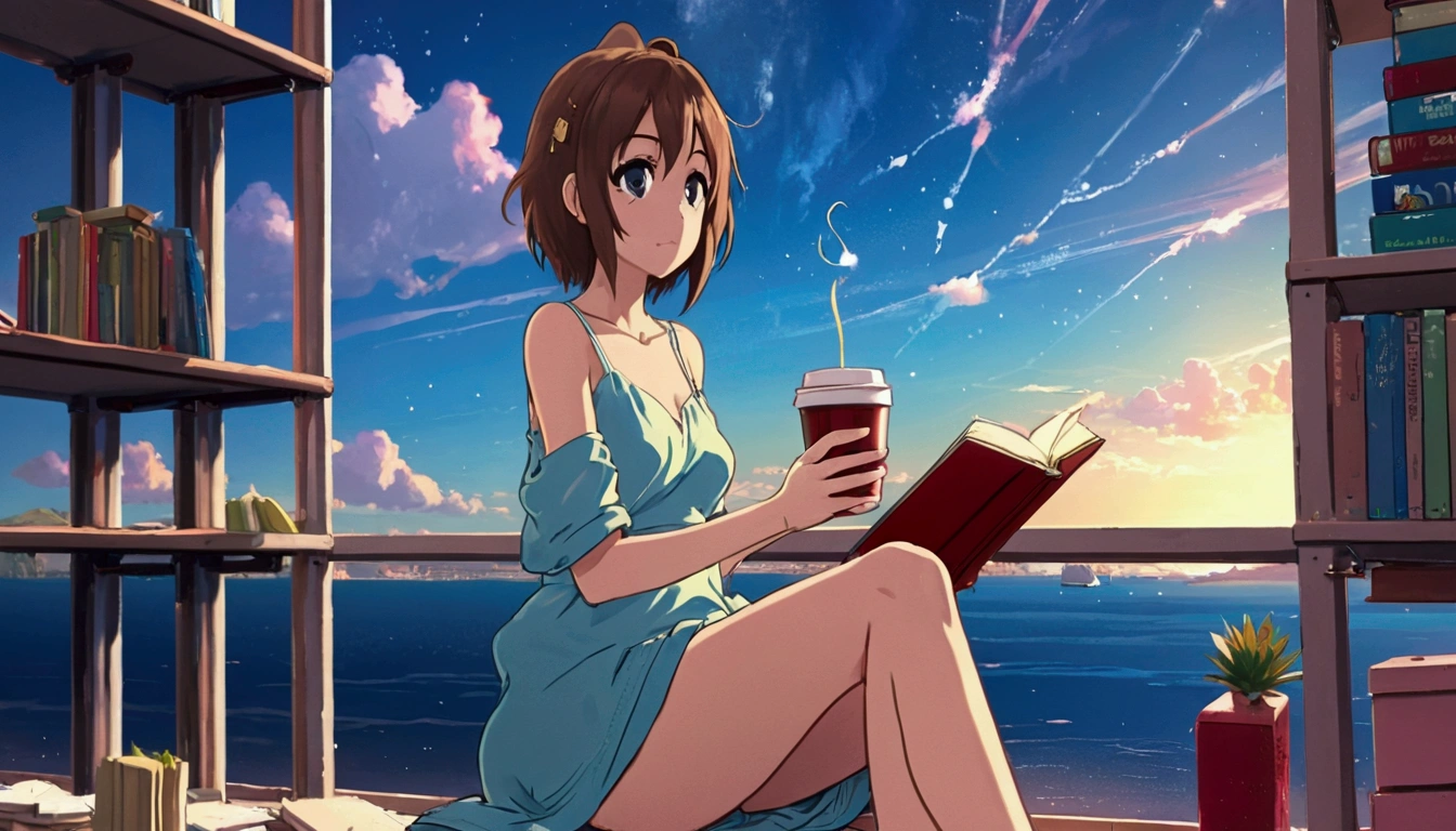Feminized Maple Manyo, Anime Style, profile, Seaside Cafe, Drinking coffee and relaxing, Long Hair Girl, Big eyes, beautiful, City pop fashion, The sea spreads out before your eyes