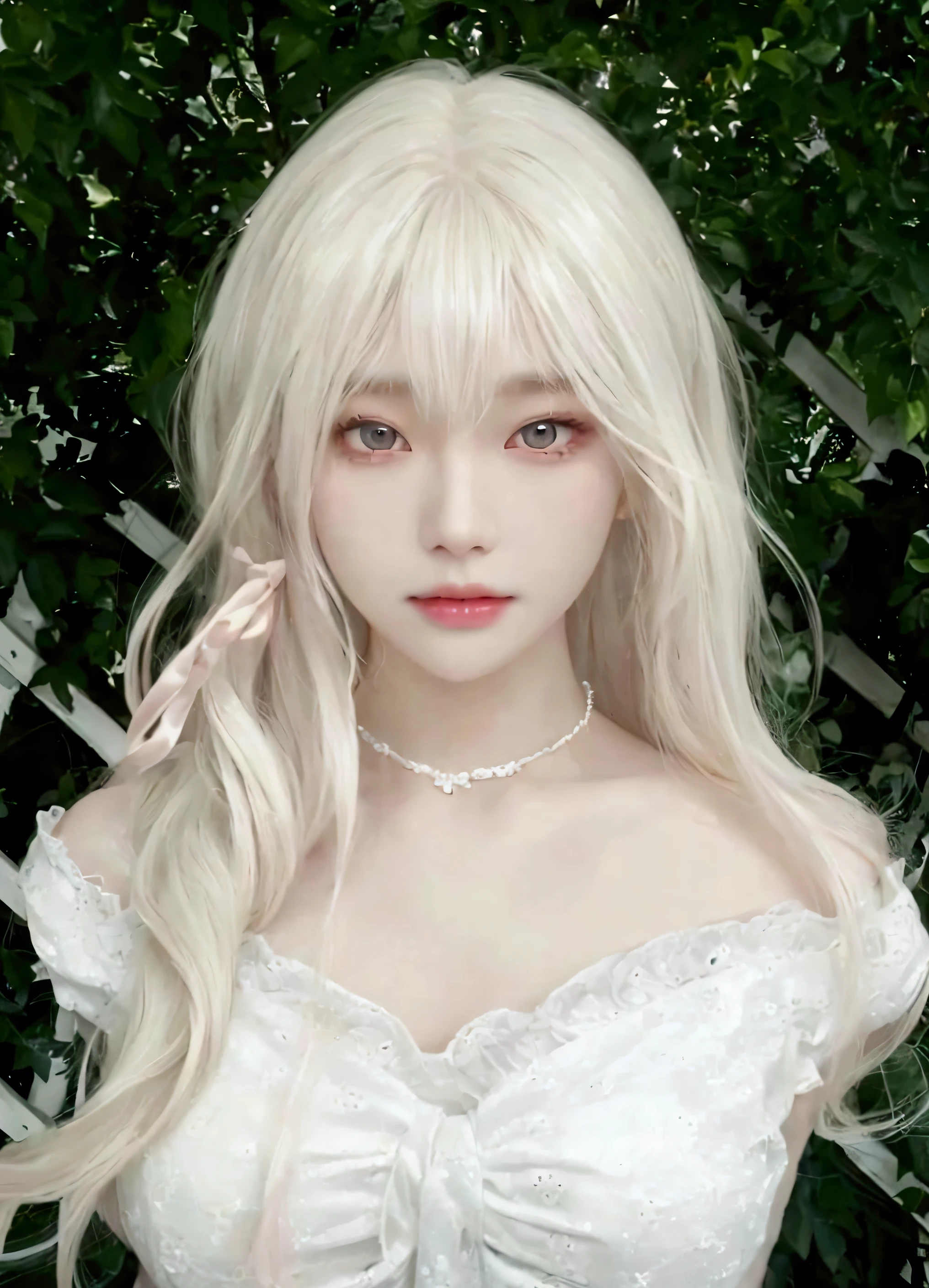 young woman/ young woman with light blonde hair, platinum ruby hair, wavy hair, Porcelain skin, milky white skin, pale skin and slightly flushed, Hwang Hyunjin&#39;s way, cabello rubio y Porcelain skin, pompous lips and face of hwang hyunjin and green eyes full of innocence. his face conveys innocence.