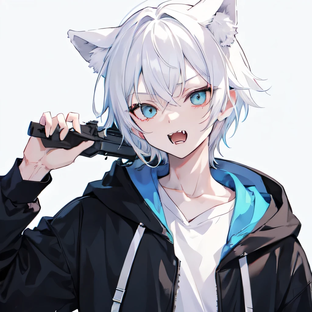1Boy, Boyish, Catboy, Fangs Showing, Ultra-detailed Ice-colored Dragon Eyes, Eye-focus, Snow-White Hair, Head Shot, Cute Expression, Tight Hoodie, 2 gun, Plain Background